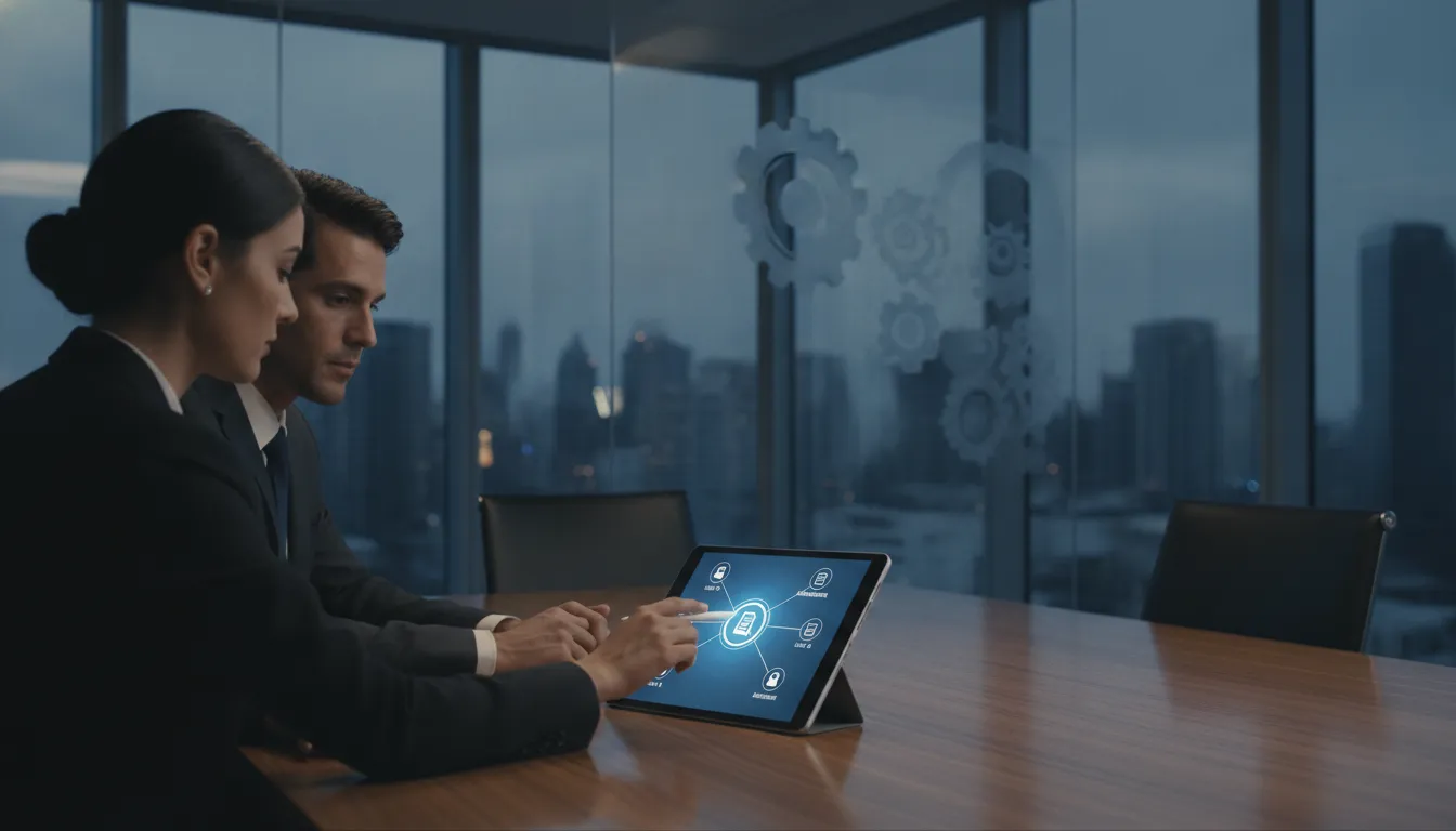 Two professionals using a tablet for restaurant document management.