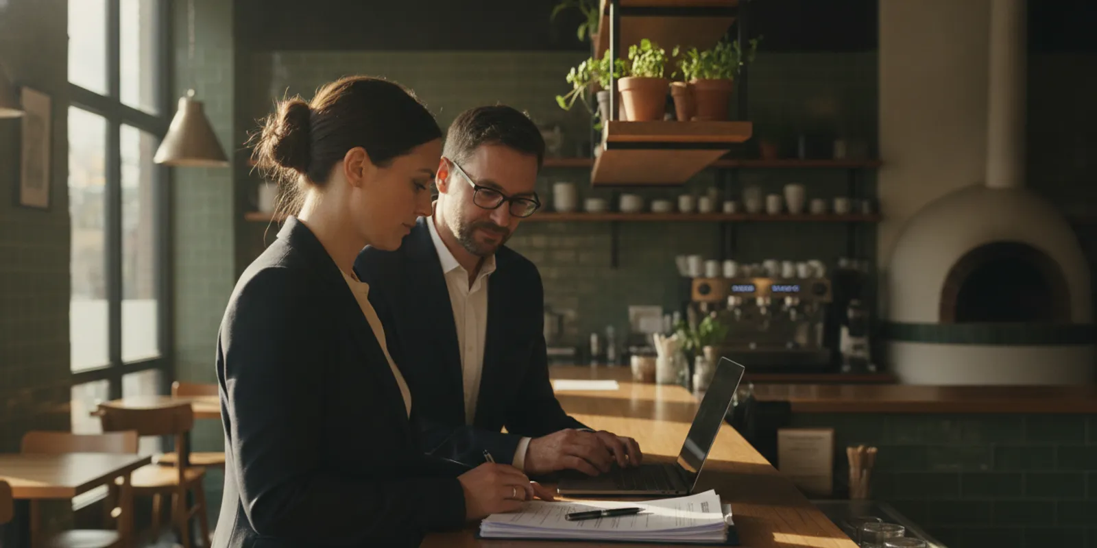 Restaurant manager reviewing financial paperwork beside a laptop at the counter