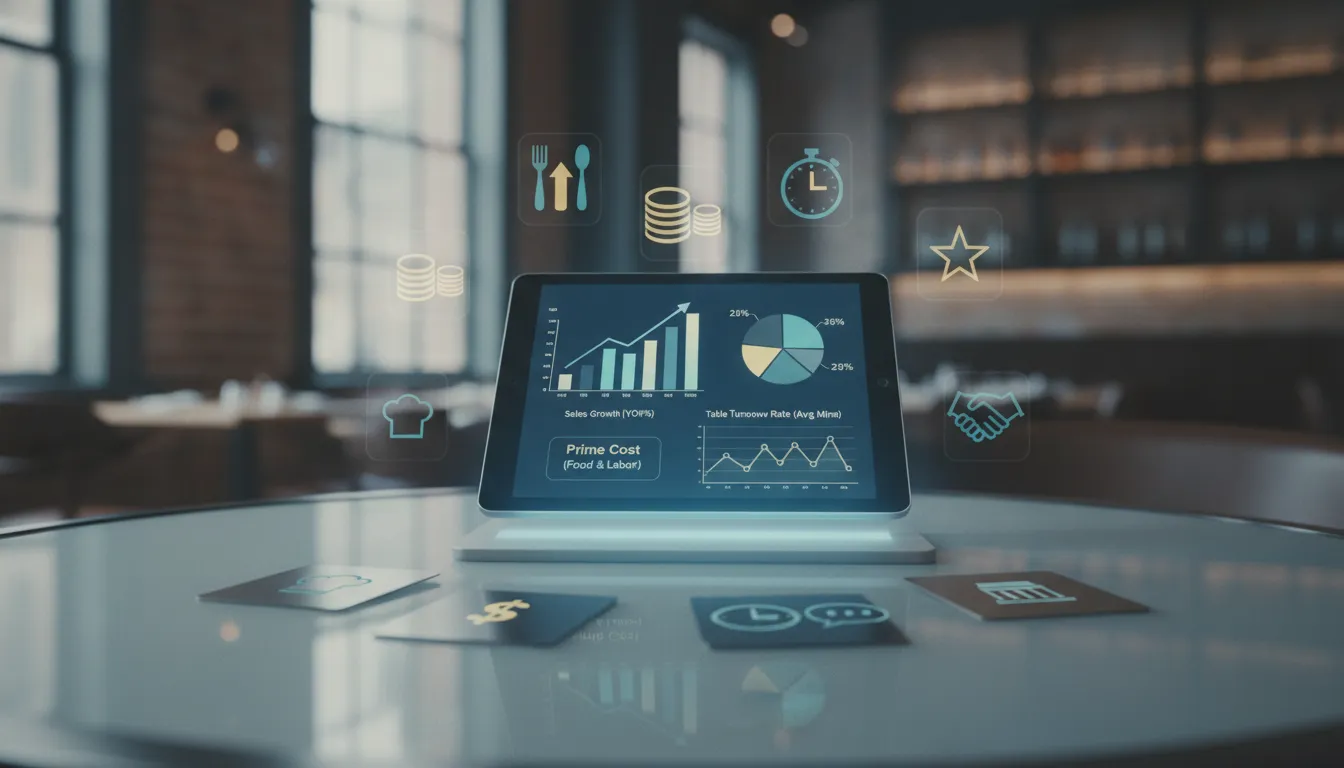 Tablet displaying restaurant industry benchmarks and financial metrics.