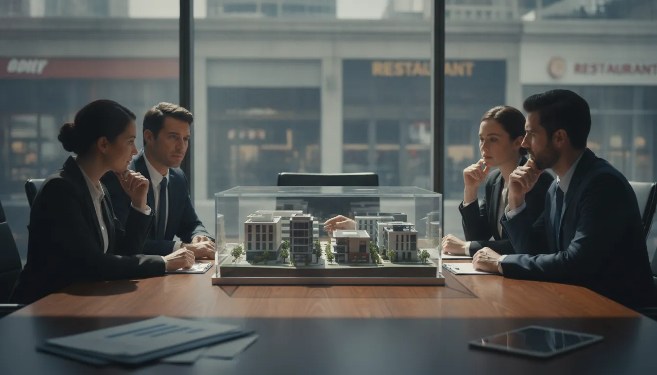 Business professionals discuss restaurant ownership groups beside building models.