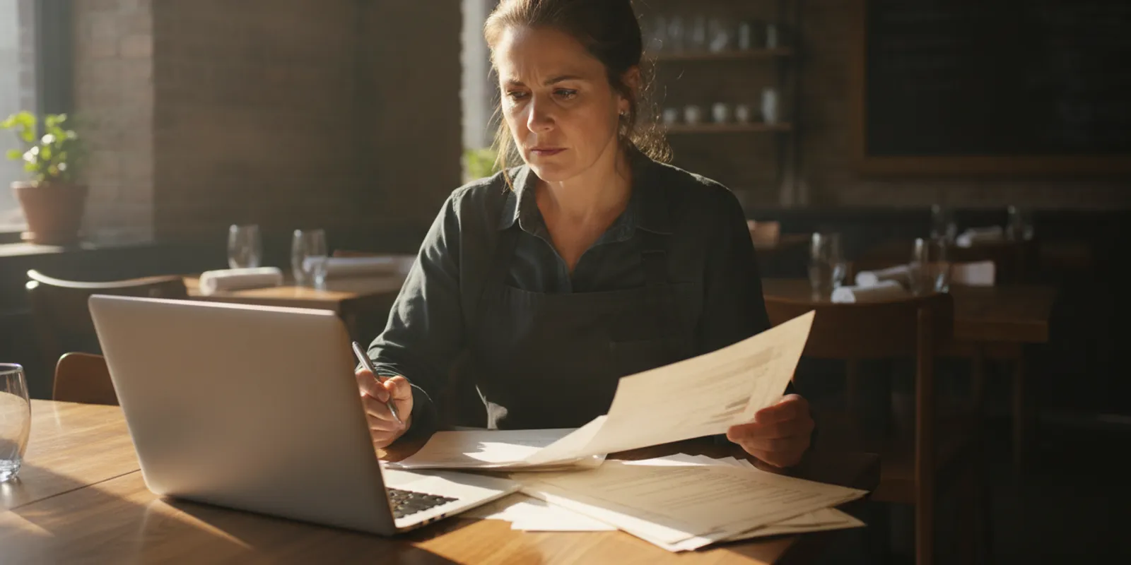 Restaurant owner reviewing a financial plan at a table in the dining room