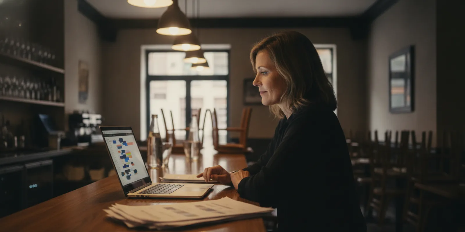Restaurant owner reviewing point-of-sale sales reports and daily financial records at a counter