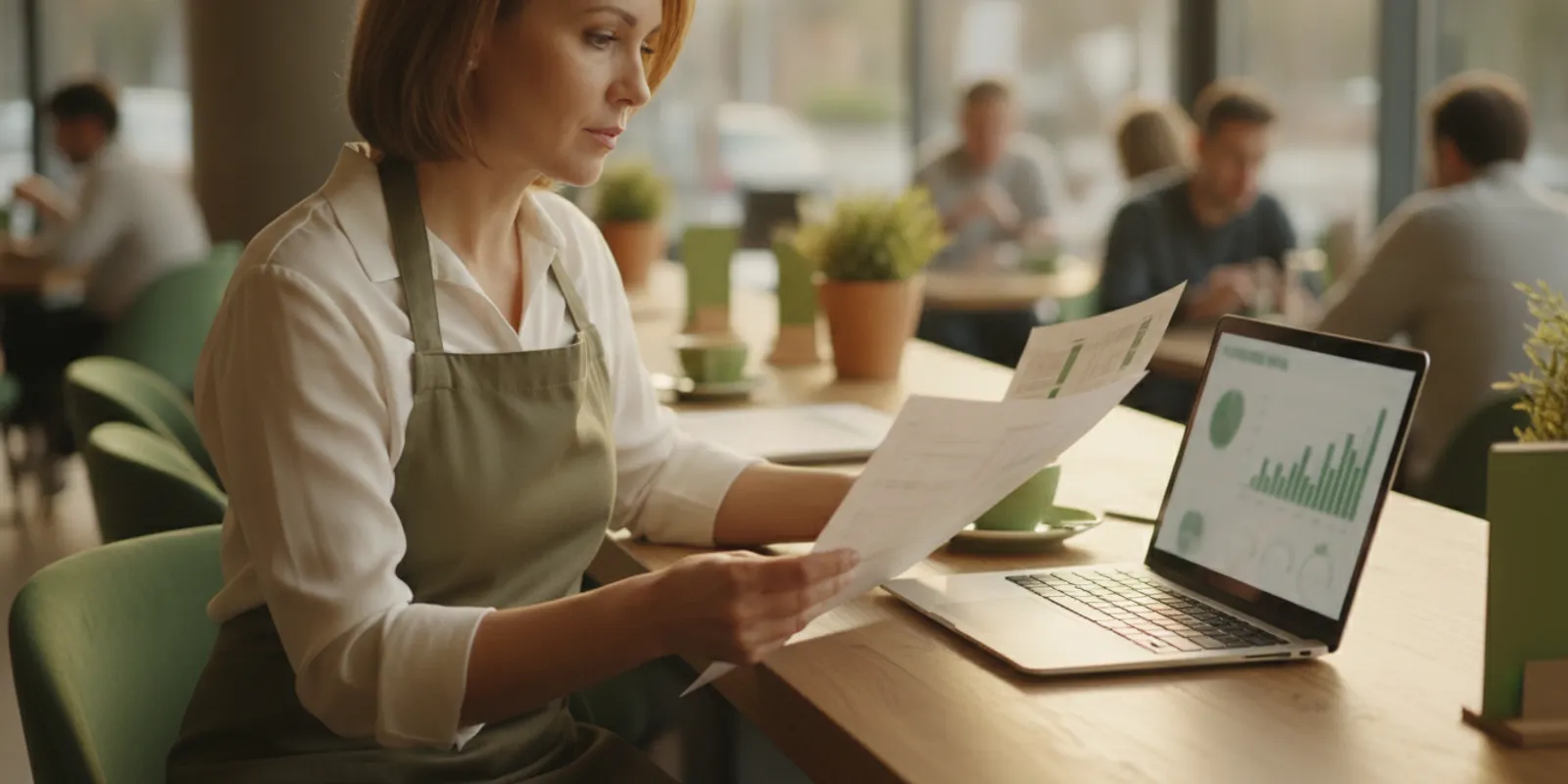 Restaurant manager reviewing sales and tax reports at a counter
