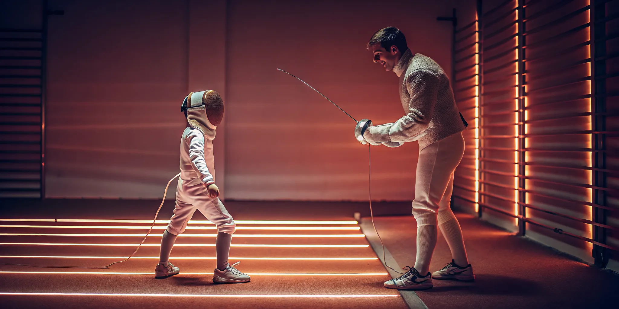 A child in white fencing gear practicing with an elite coach at Fencing Sports Academy