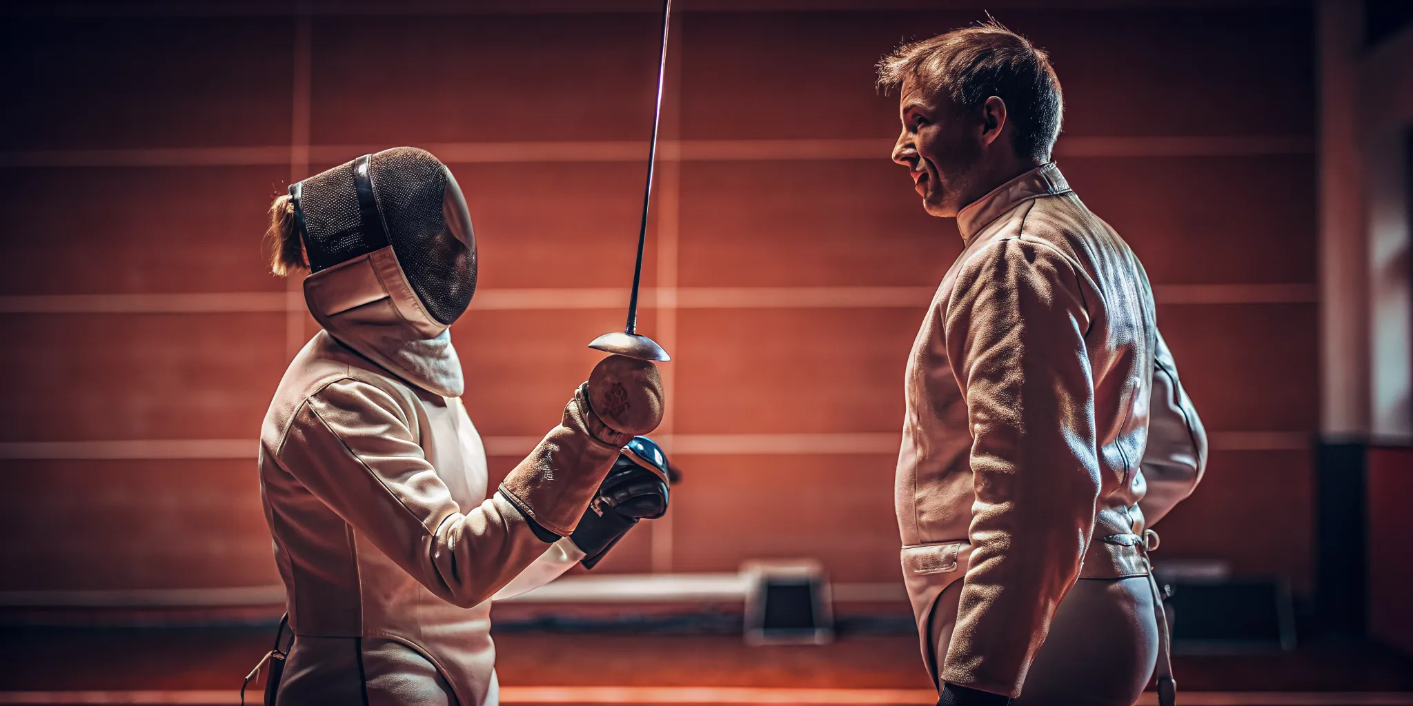 Epee coach demonstrating blade control during a beginner lesson