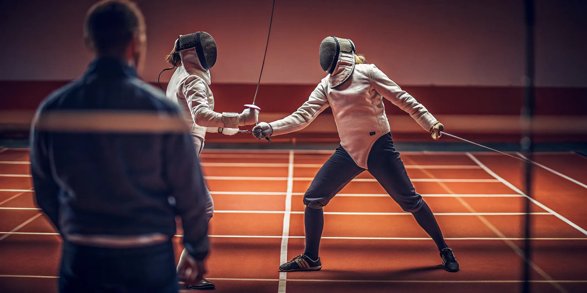 Beginner epee fencers practicing distance and timing with a coach