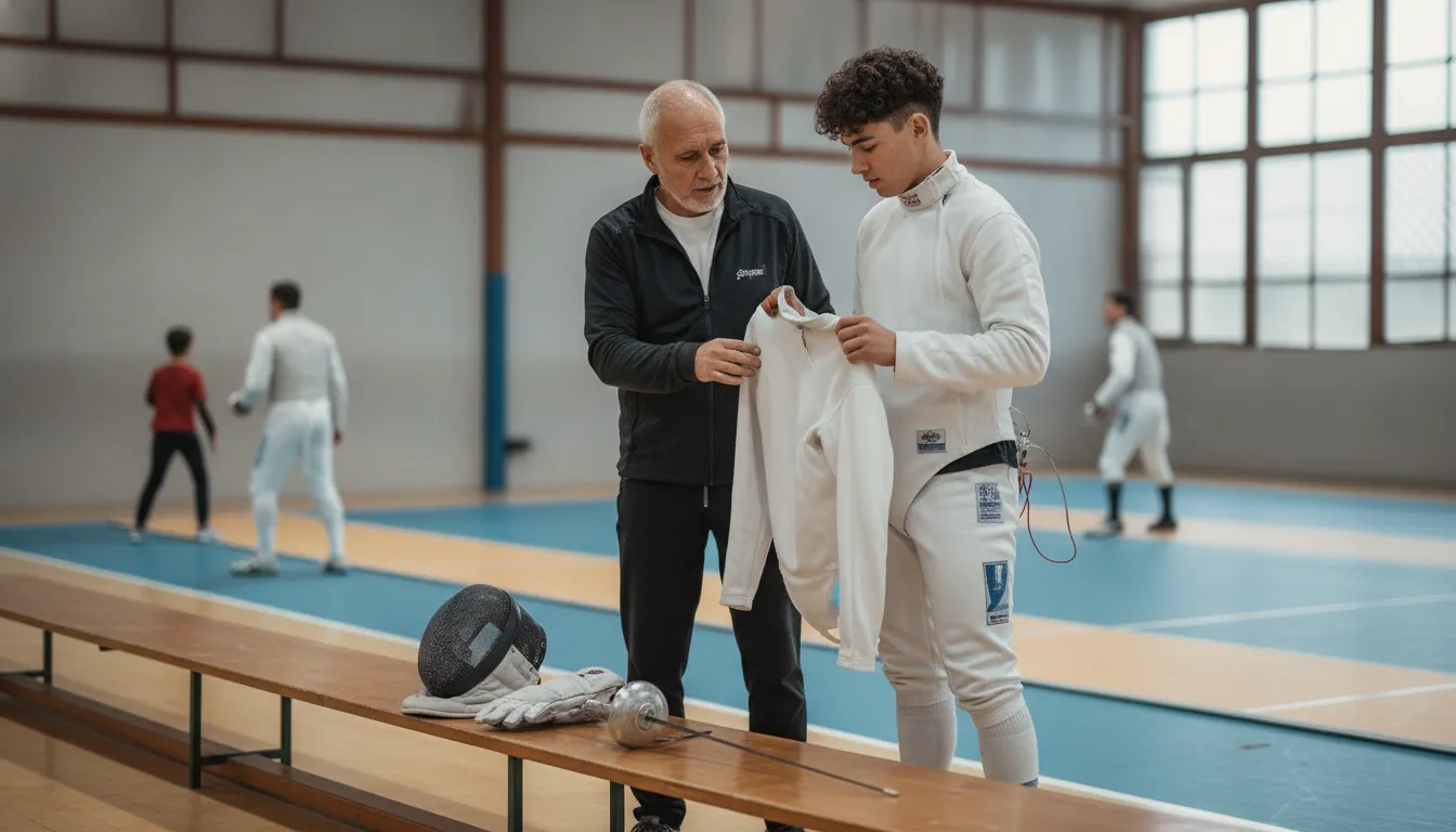 Youth fencer and coach reviewing beginner fencing equipment