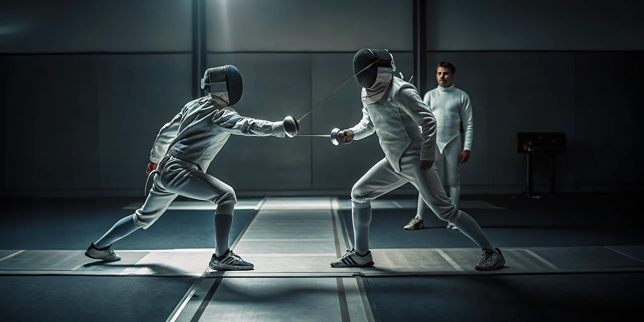 Young foil fencers practicing footwork with a coach