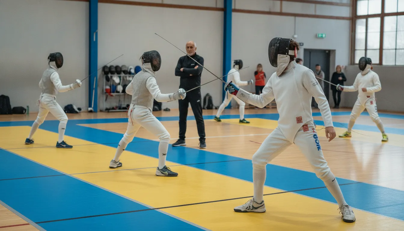 Youth fencers practicing together in group fencing classes