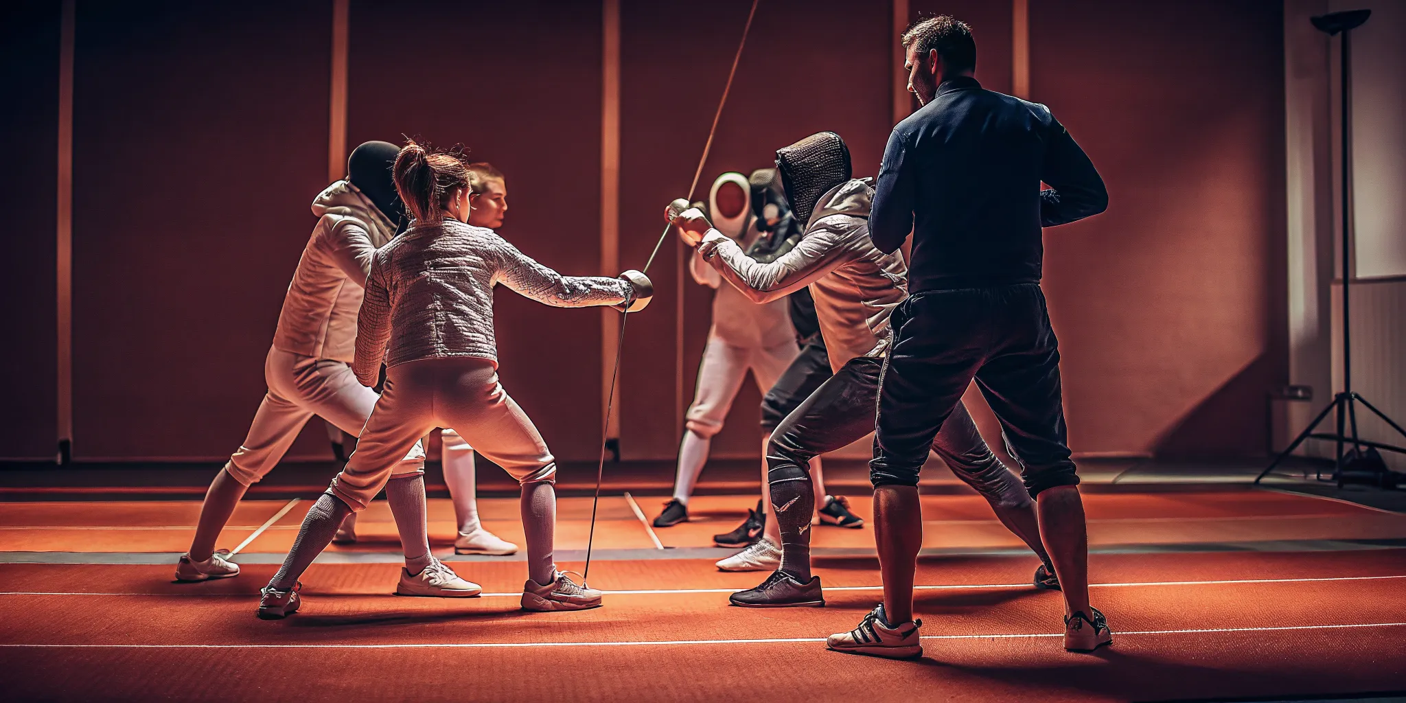 Fencers practicing foil, epee, and sabre with a coach at a fencing academy