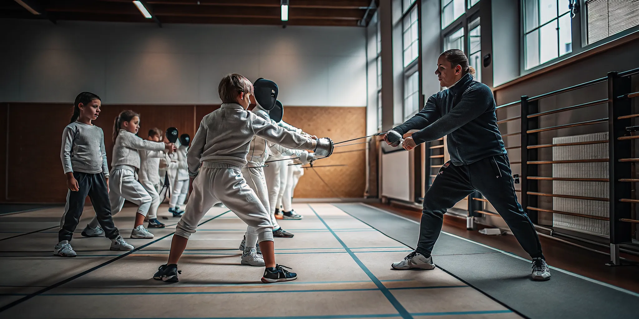 Children learning fencing footwork at Fencing Sports Academy summer camp in Fairfax