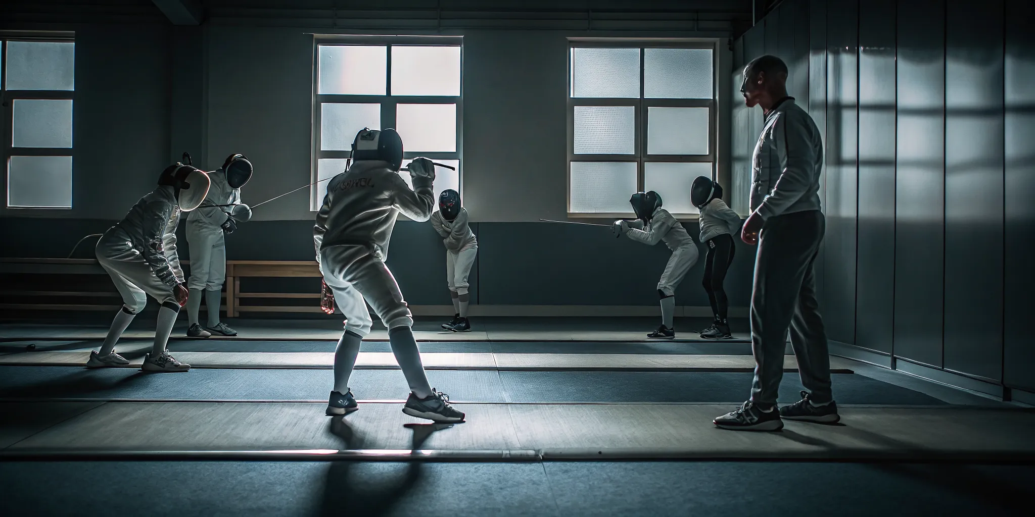 Homeschool students practicing fencing footwork drills with coaches at Fencing Sports Academy in Fairfax Virginia