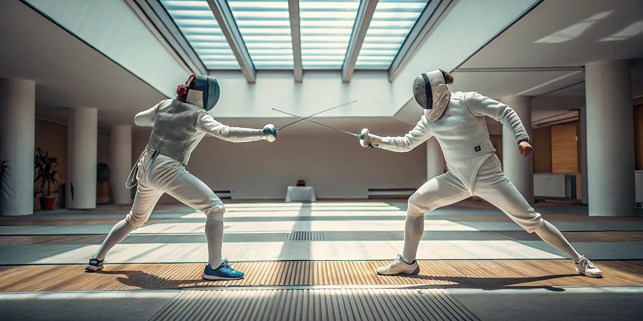 Two fencers actively competing on a fencing strip inside a training academy