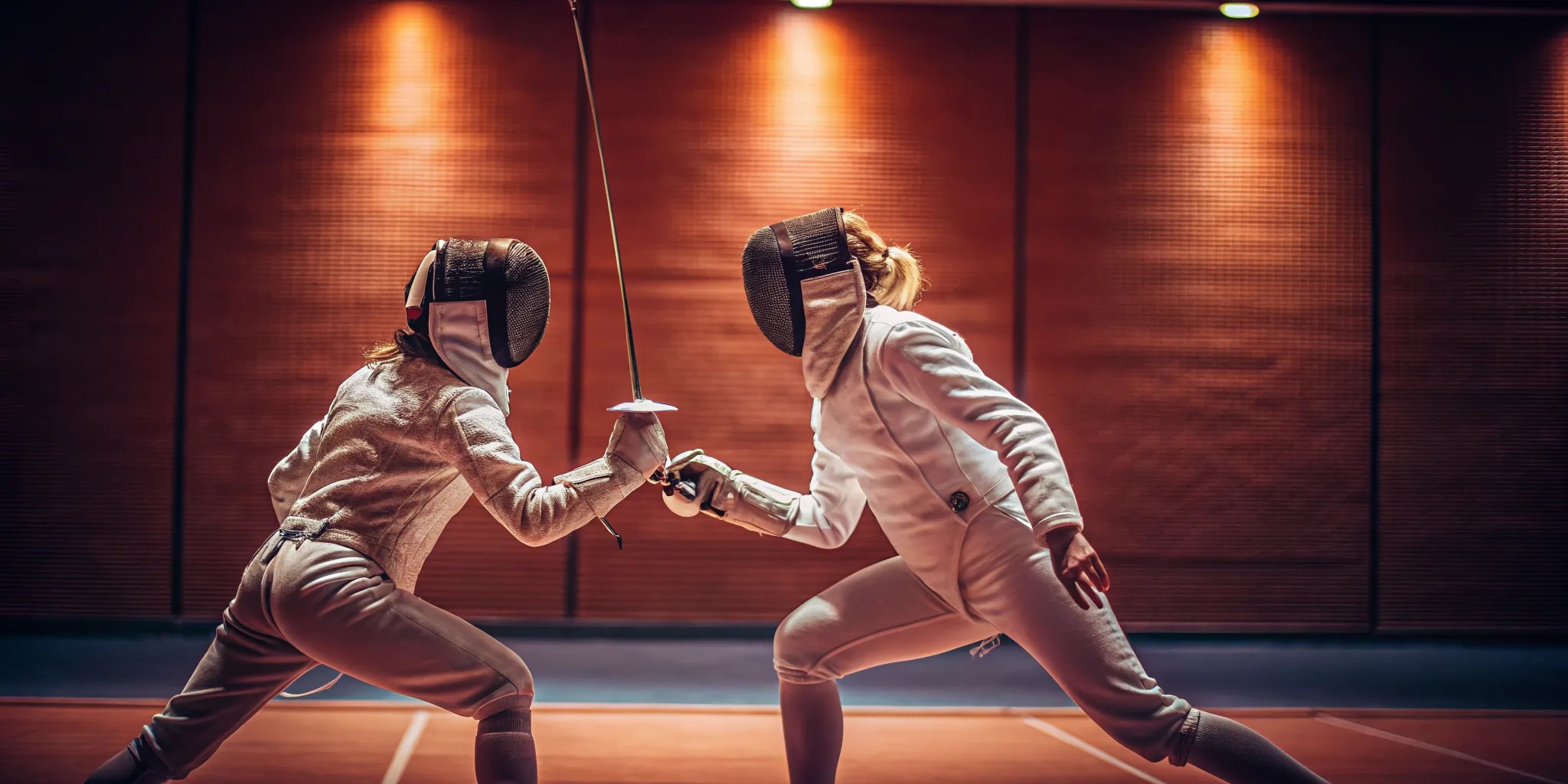 Close-up of a youth fencer in white gear holding a foil on the piste, focused and ready