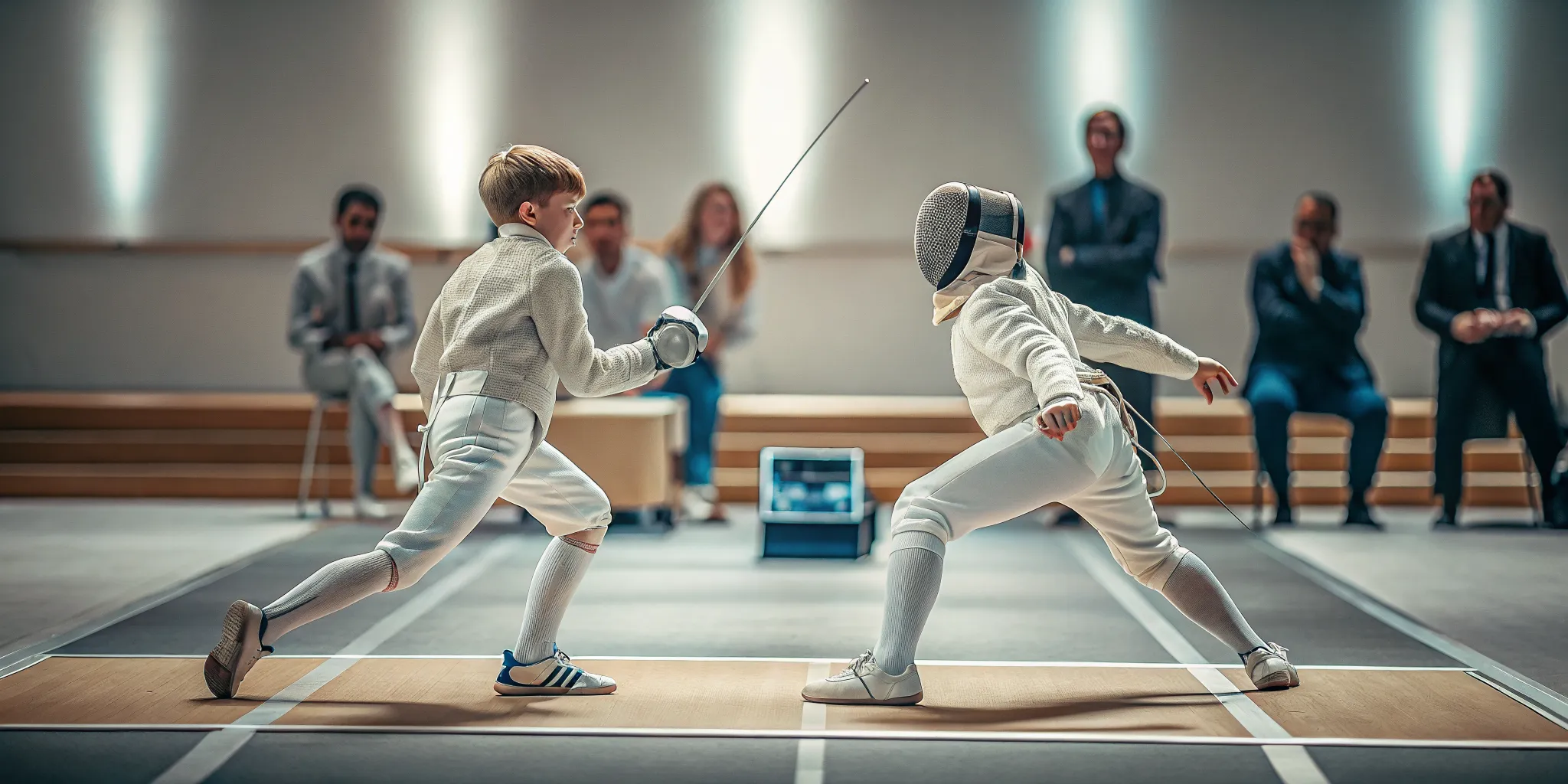 Two young fencers in white protective gear competing on a fencing strip with electronic scoring equipment
