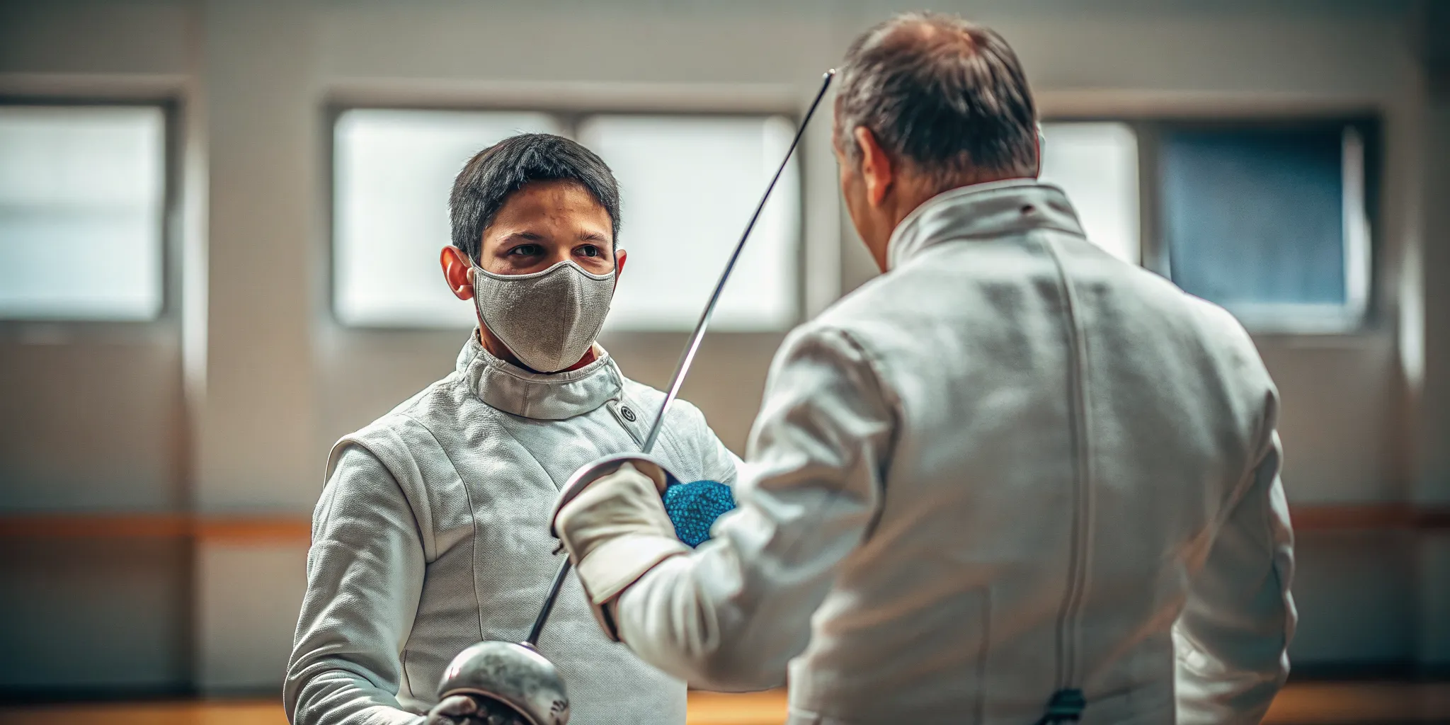 Young fencer learning proper fencing stance with coach guidance at Fencing Sports Academy
