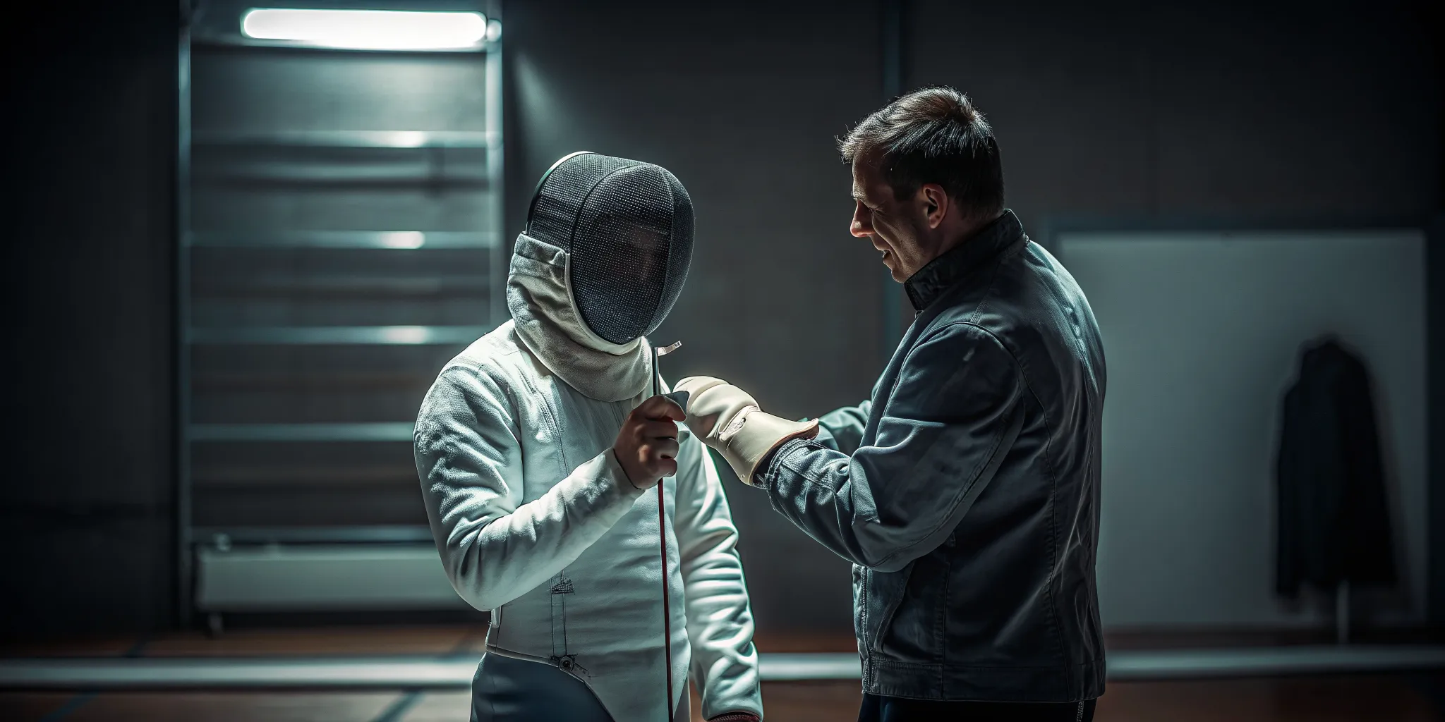 Beginner fencer getting fitted with jacket and glove for a fencing class in Fairfax