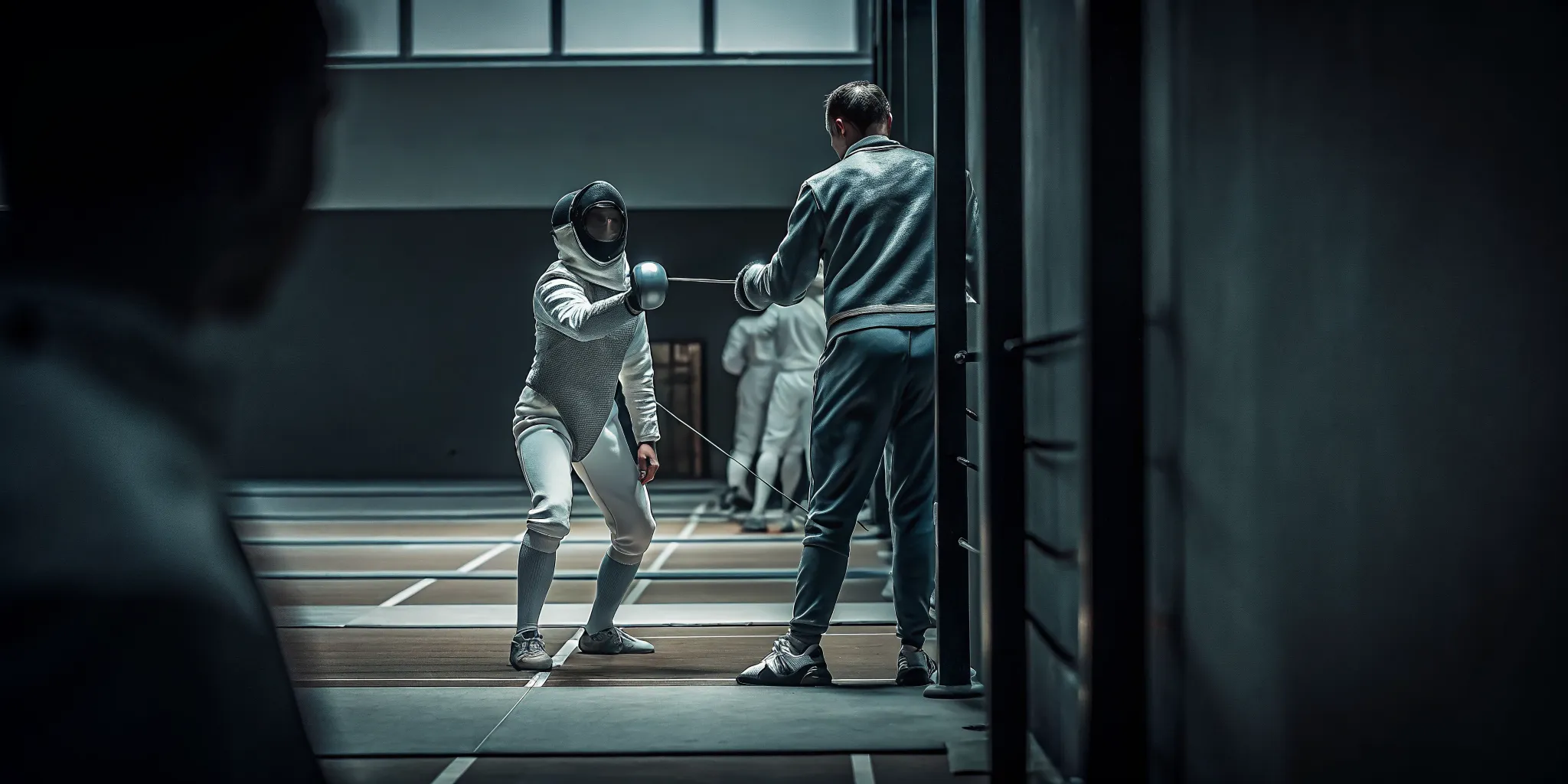 Beginner youth fencer practicing safely with a coach