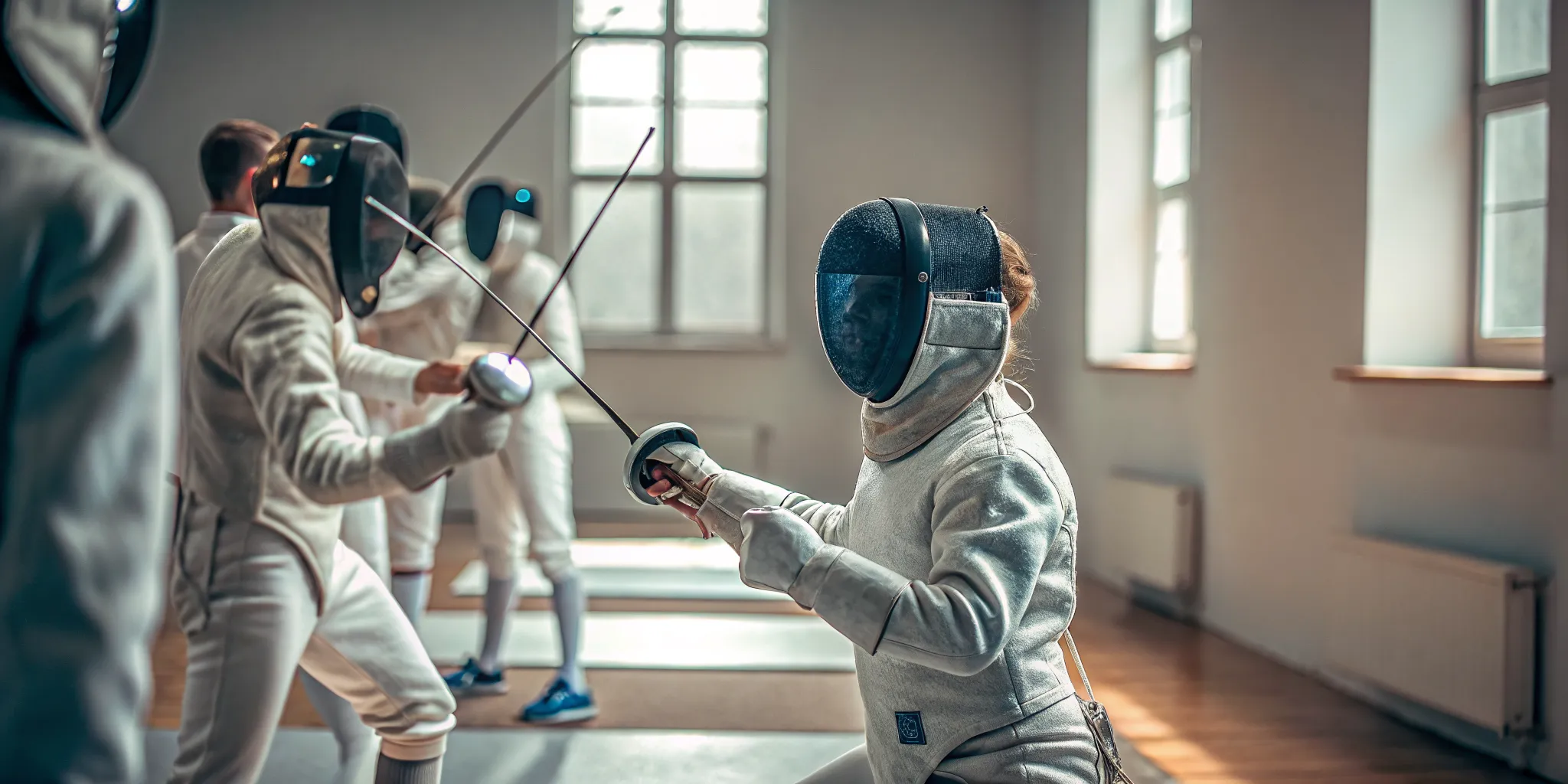 Young foil fencers practicing controlled partner drills