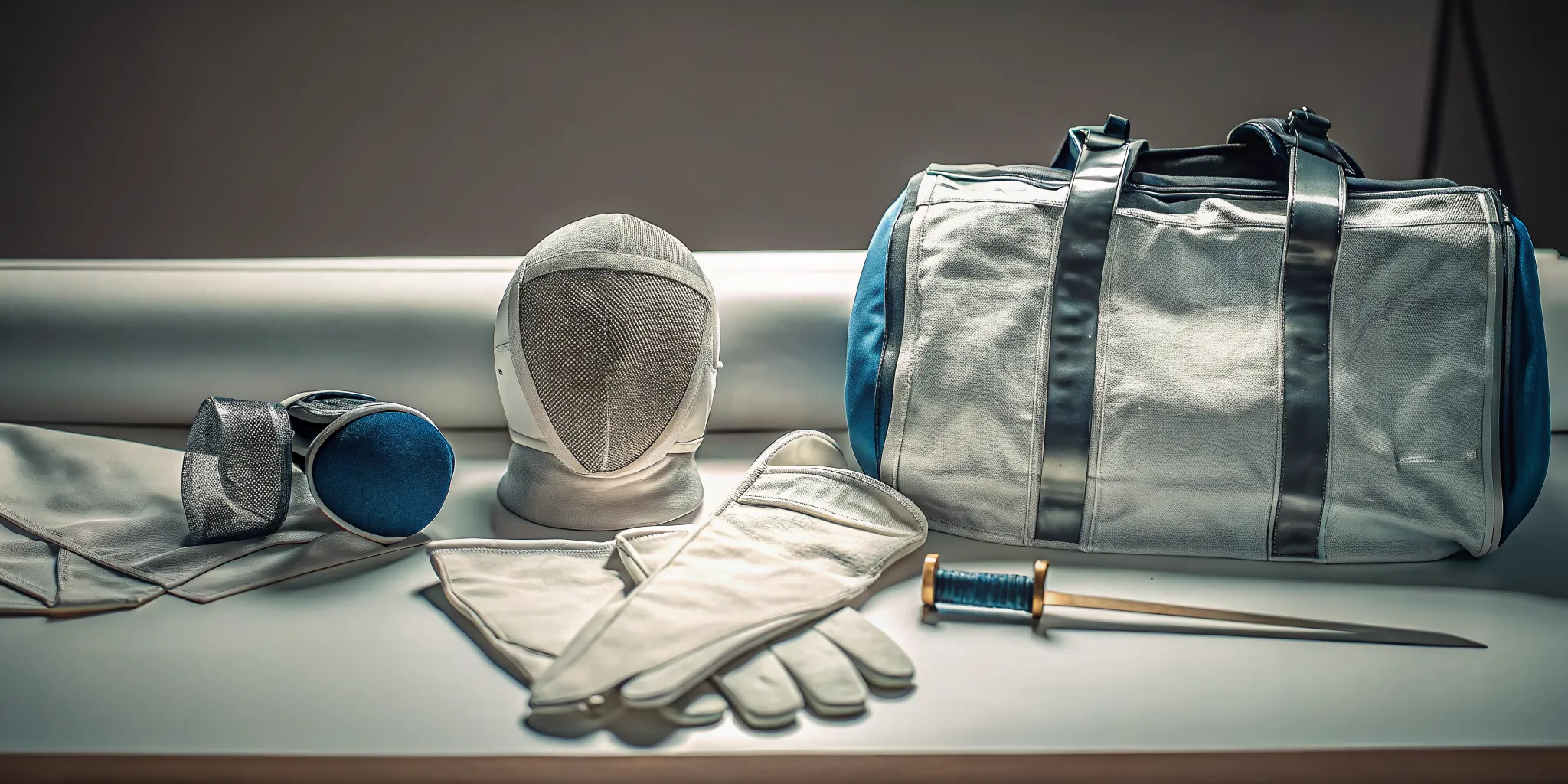 Beginner fencing equipment set: white mask, jacket, glove, and foil arranged with a gear bag