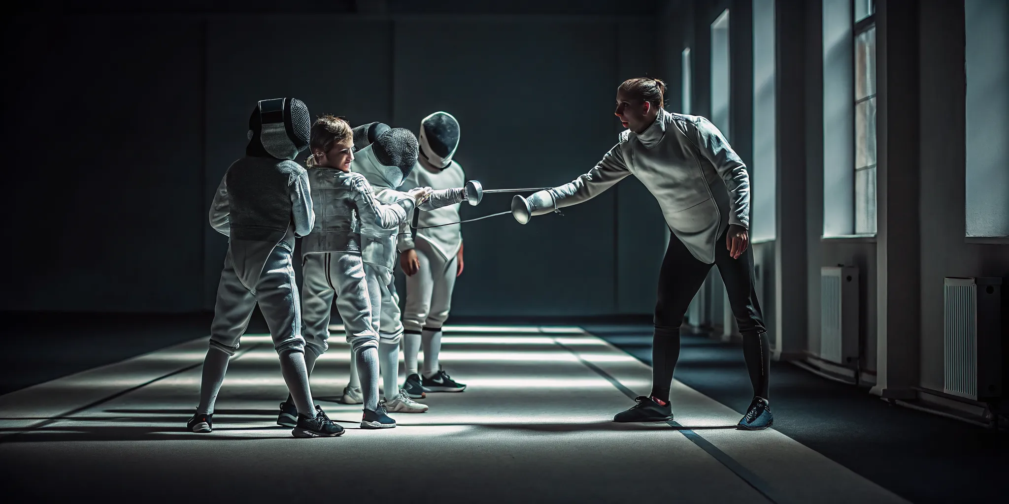 Children practicing Olympic fencing footwork at a supervised Fairfax summer camp