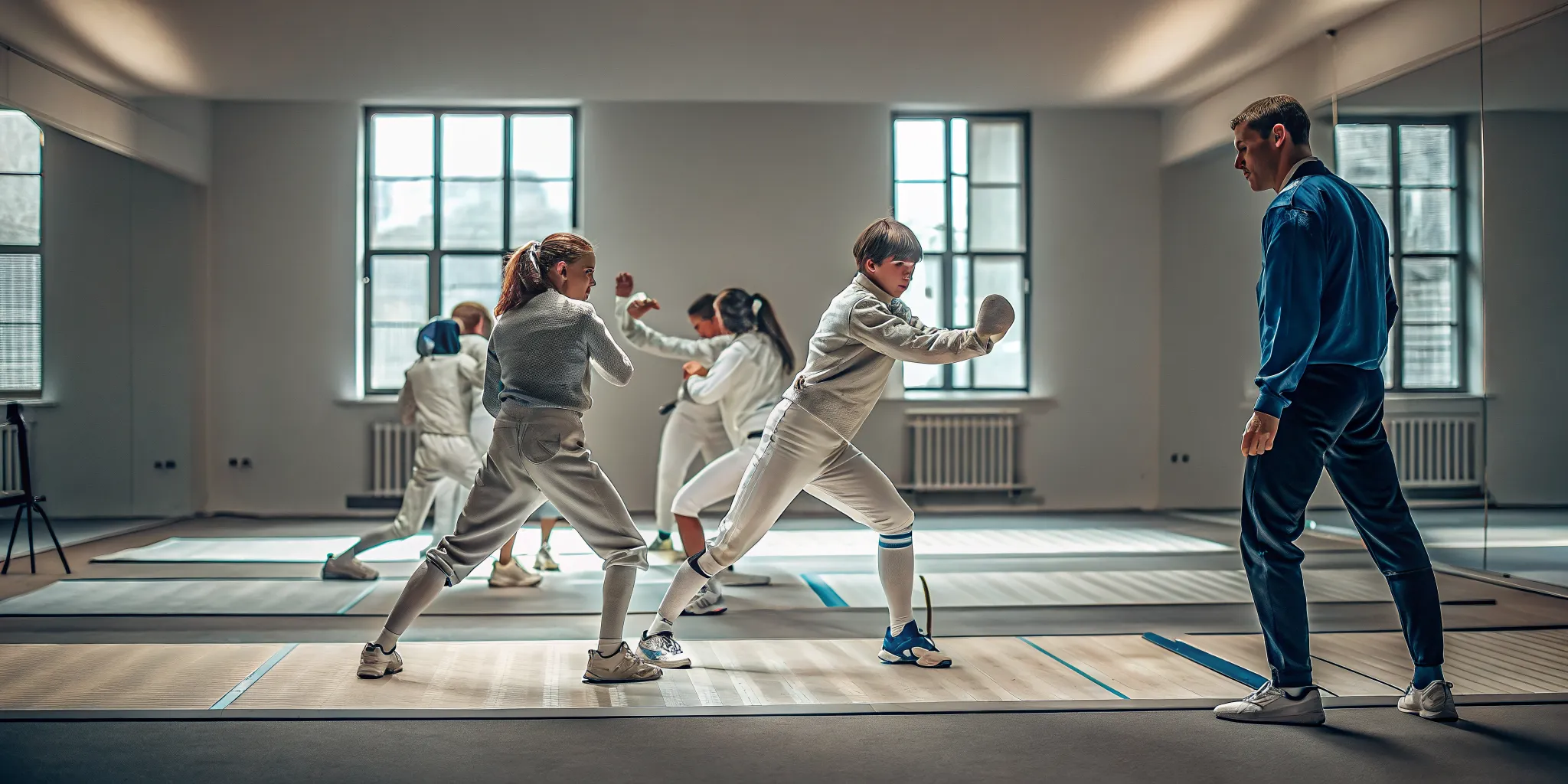 Youth fencers practicing footwork during a group fencing lesson