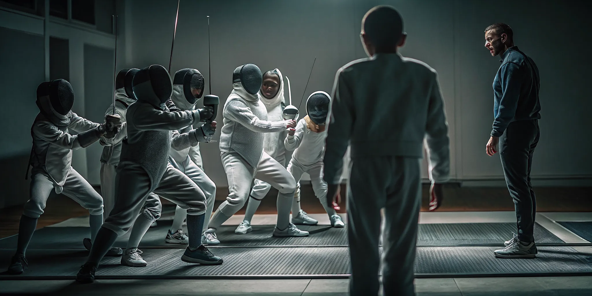 Youth fencers learning with guidance from an experienced coach