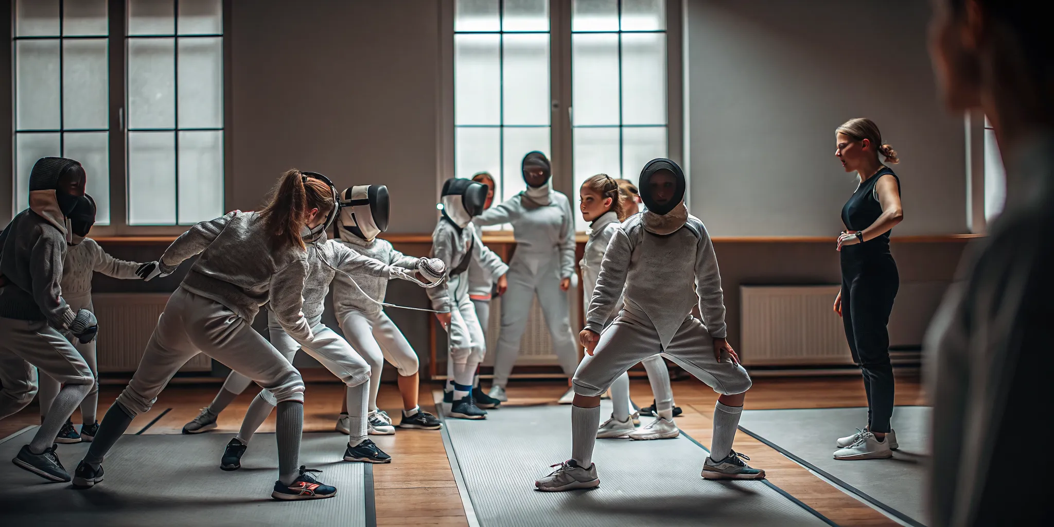 Is fencing good for kids: young athletes practicing footwork with a coach