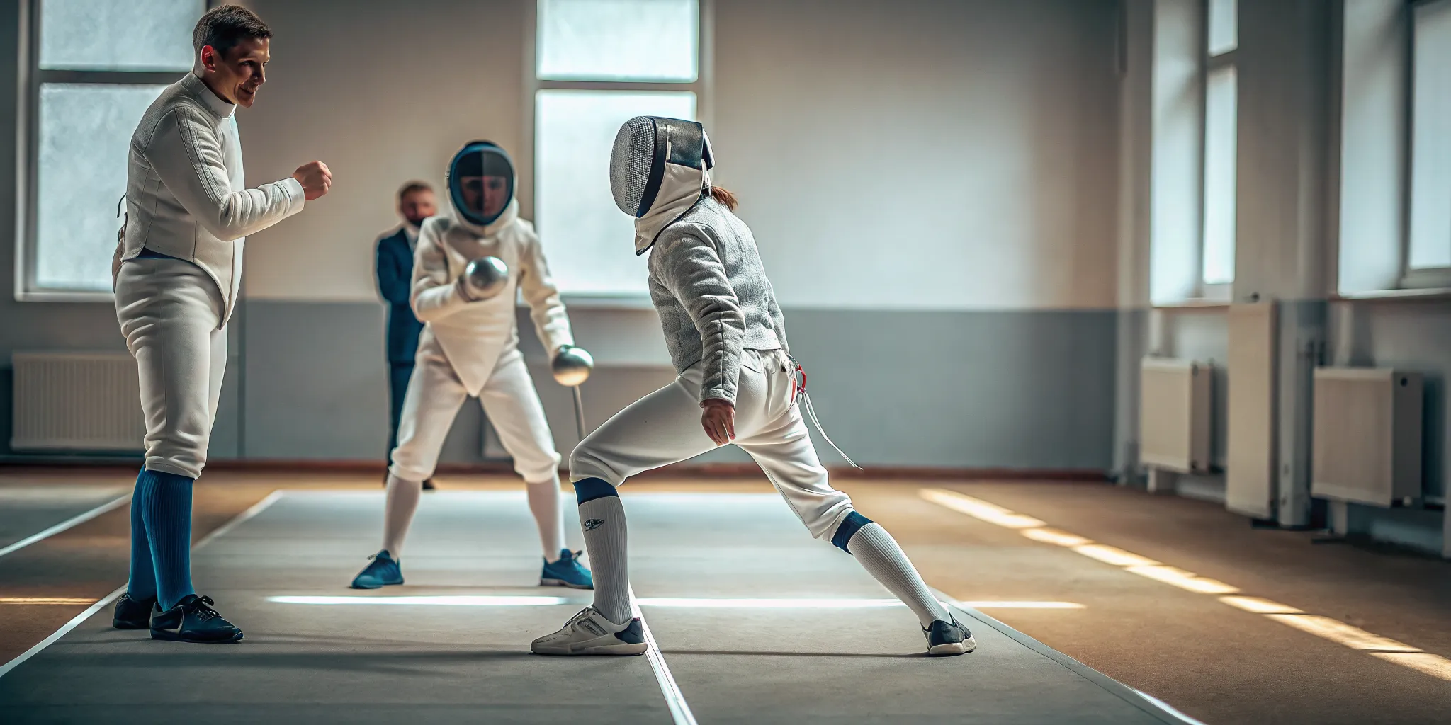 Two young fencers practicing strategic decision making in a supervised bout