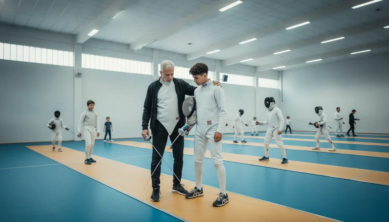 Fencing coach guiding a beginner through footwork during a supervised class