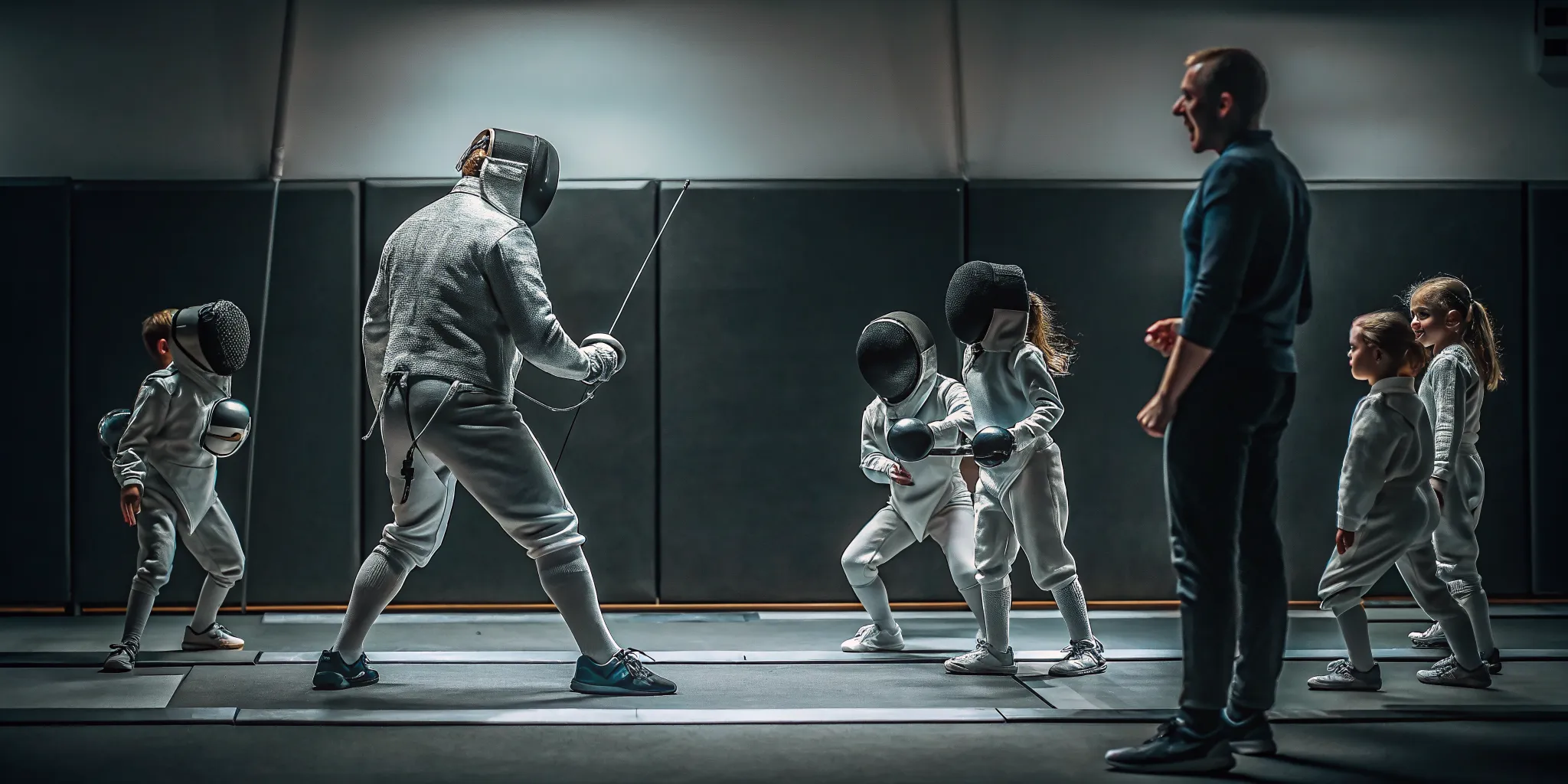 Active children practicing beginner fencing games with a coach