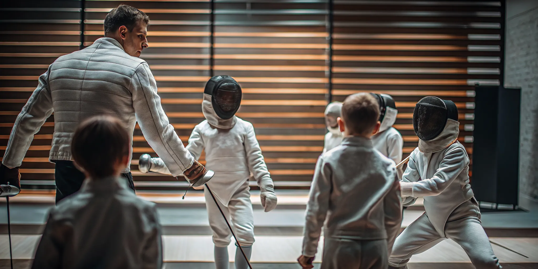 Coach guiding children during supervised foil fencing lessons
