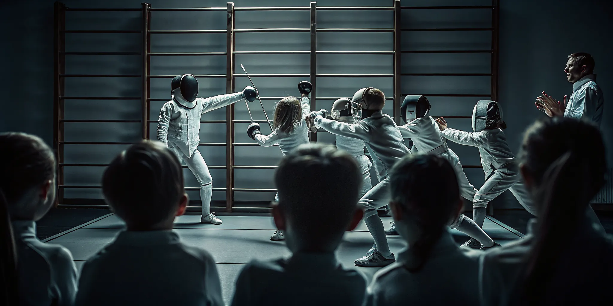 Children enjoying a supervised fencing birthday party with a coach