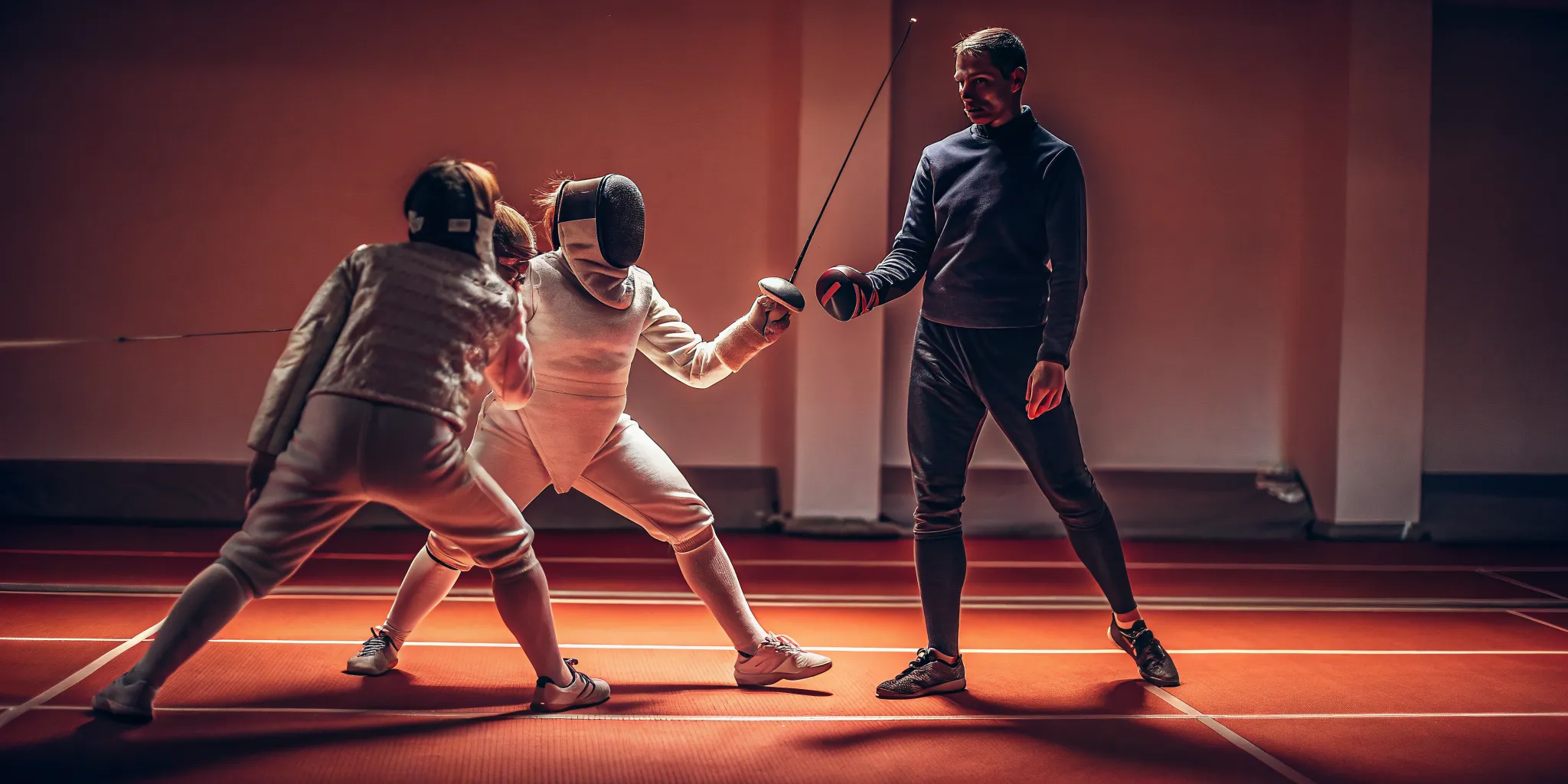 Coach guiding youth athletes during saber fencing classes