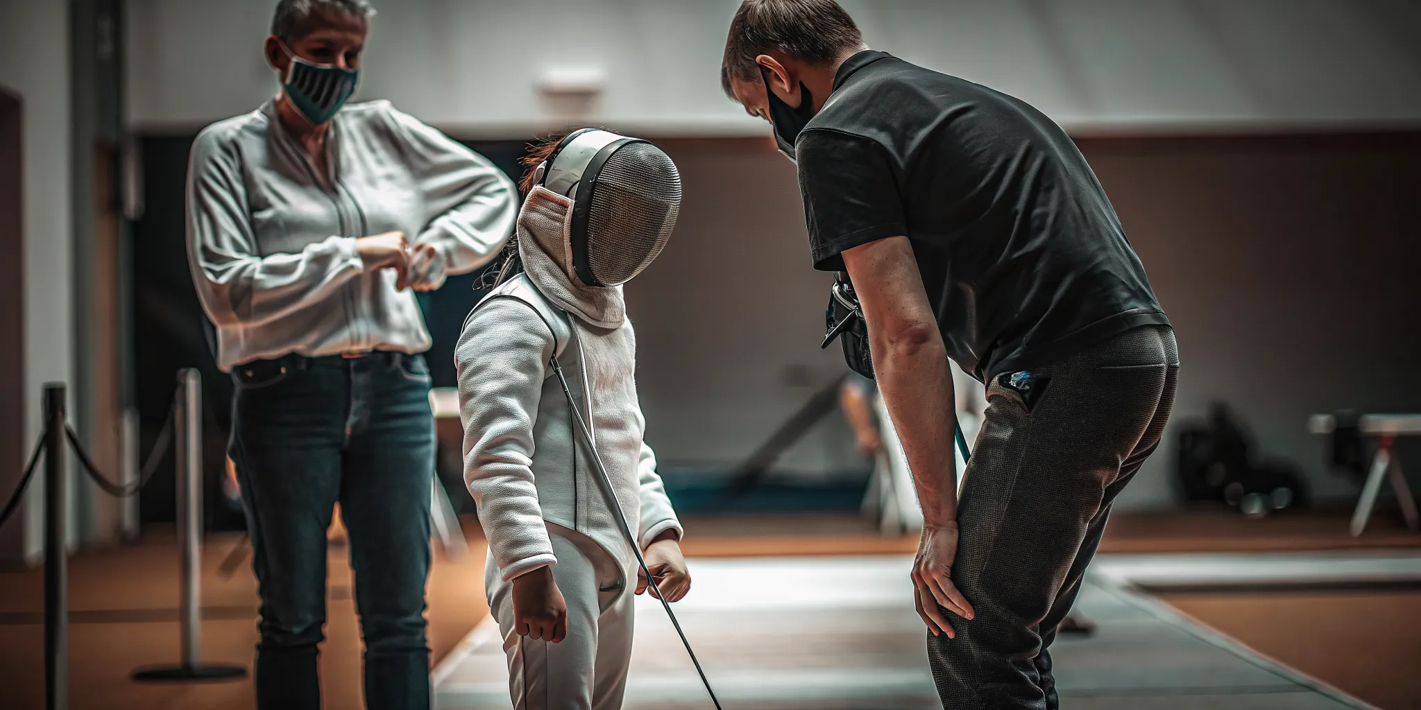Young competitive fencing athlete preparing at a tournament with a parent and coach