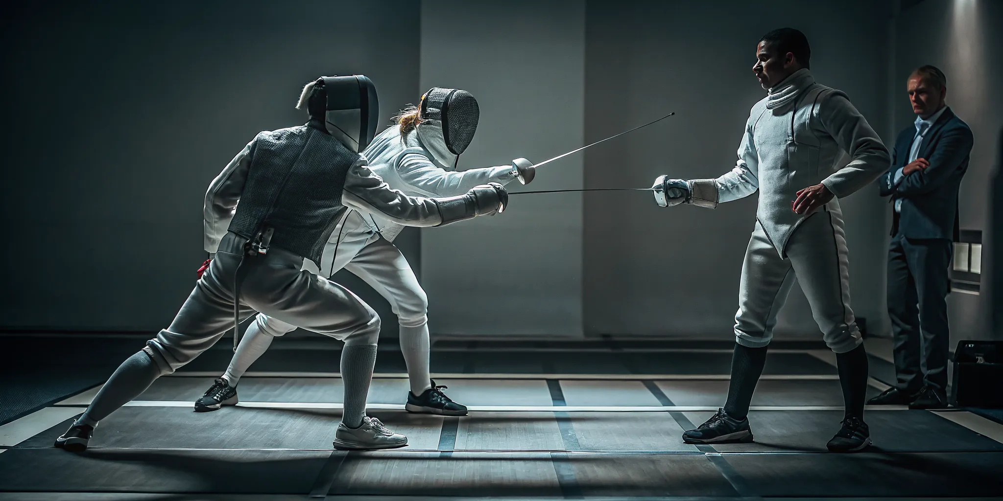 Young athletes practicing competitive fencing with a coach