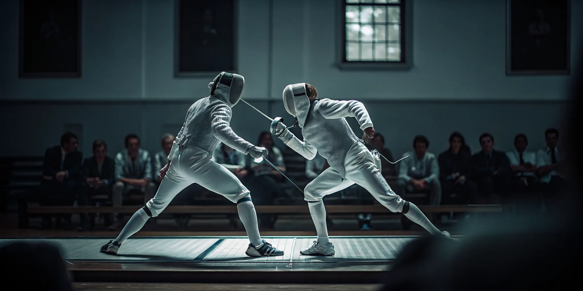 Dynamic collegiate fencing match on a copper strip, demonstrating college fencing competition
