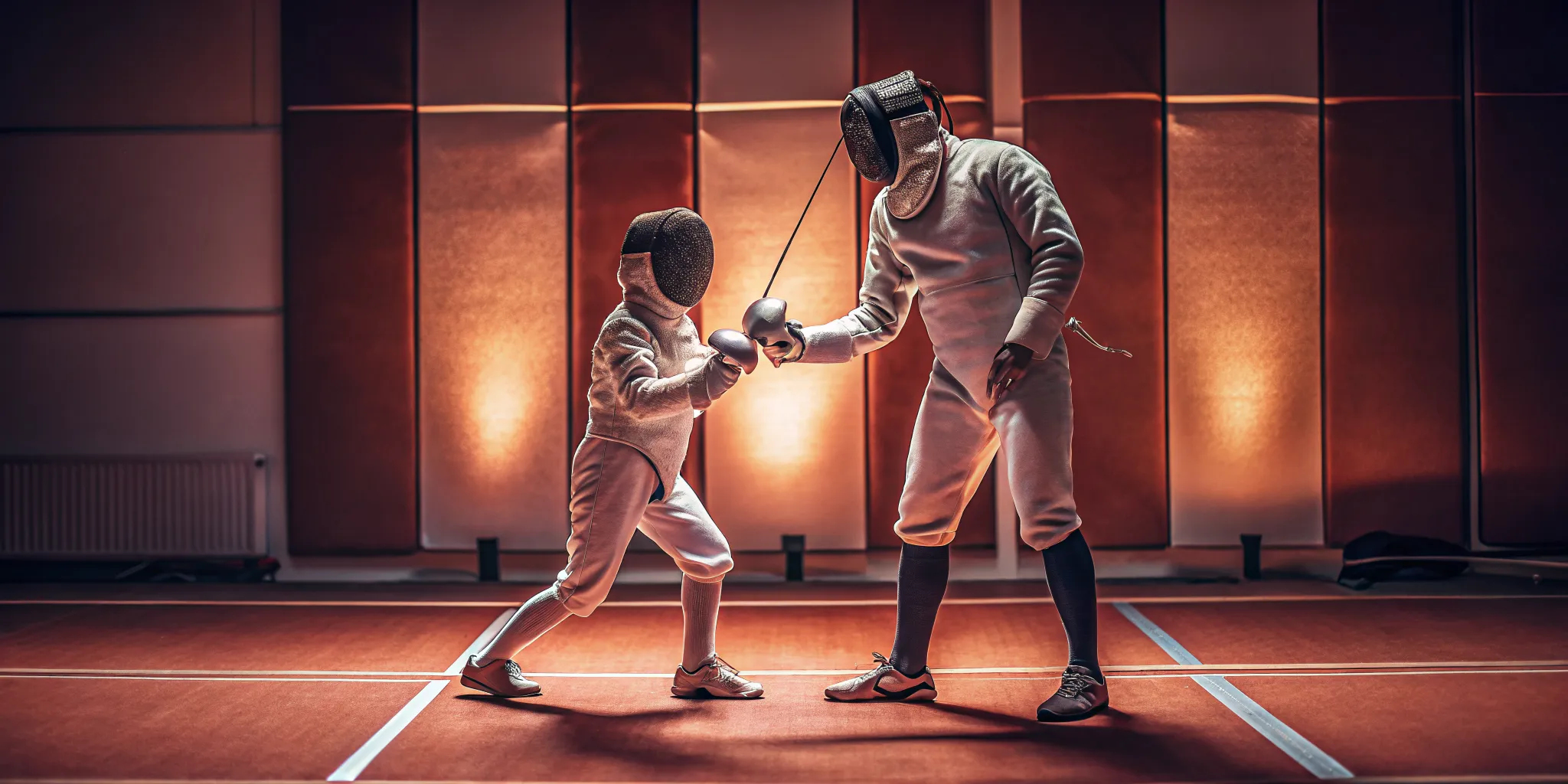 A private fencing coach instructing a young student at Fencing Sports Academy, teaching tactical blade work and footwork