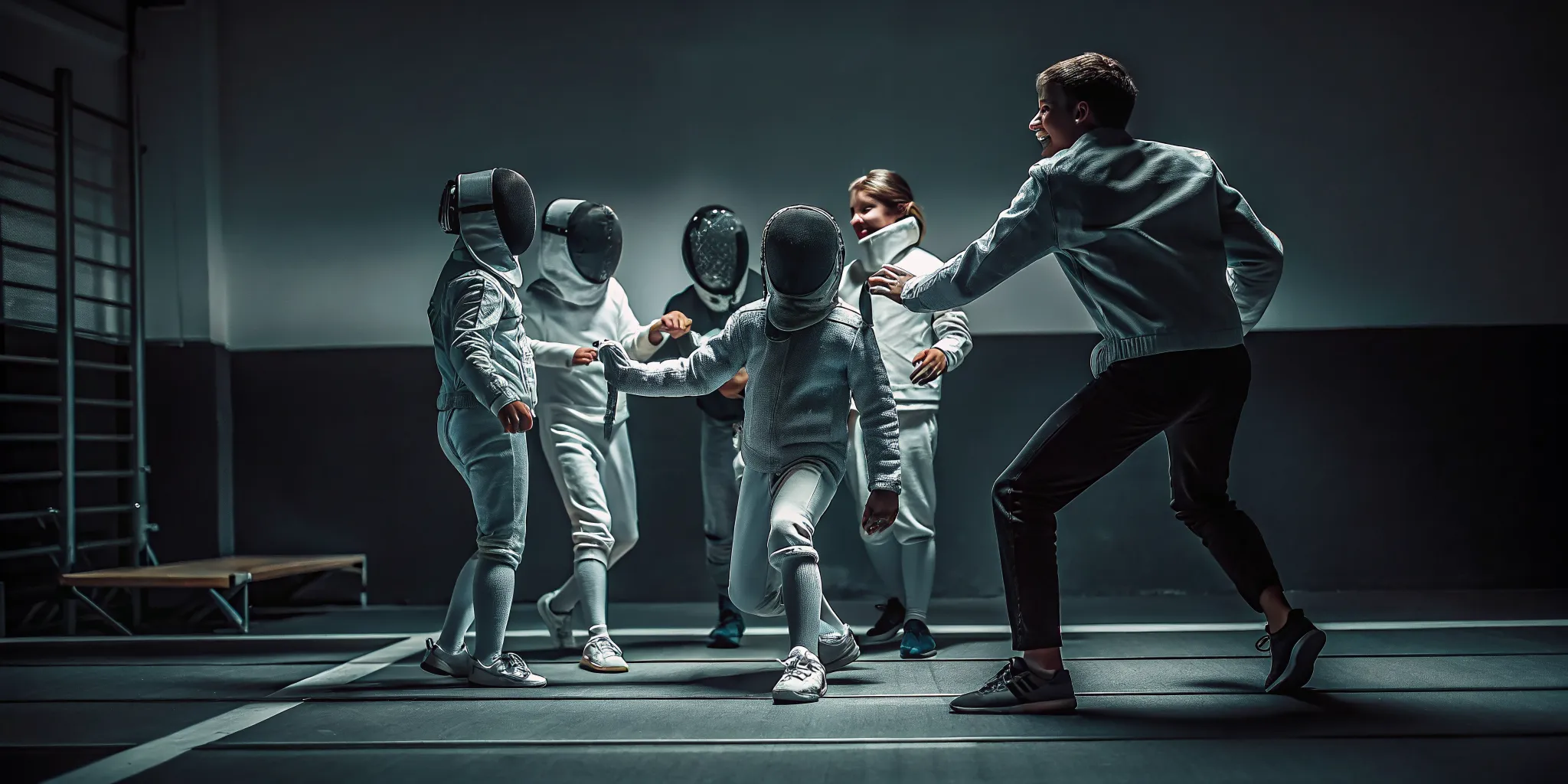Coach supervising beginners at a fencing birthday party near Fairfax
