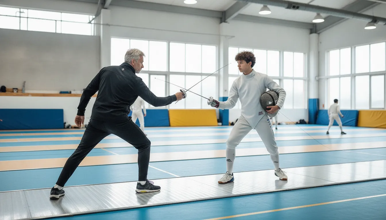 Private fencing lessons with a coach correcting youth technique