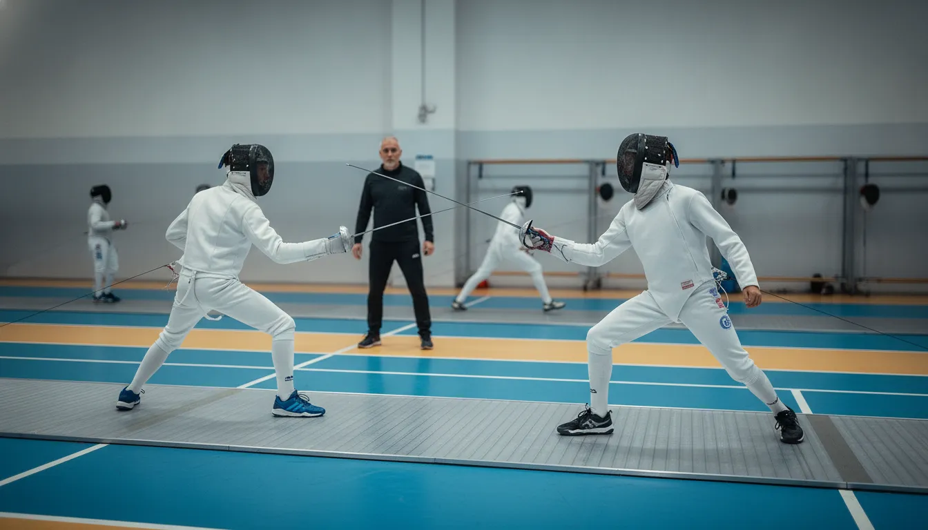 Youth fencers practicing a controlled bout at an Olympic fencing club