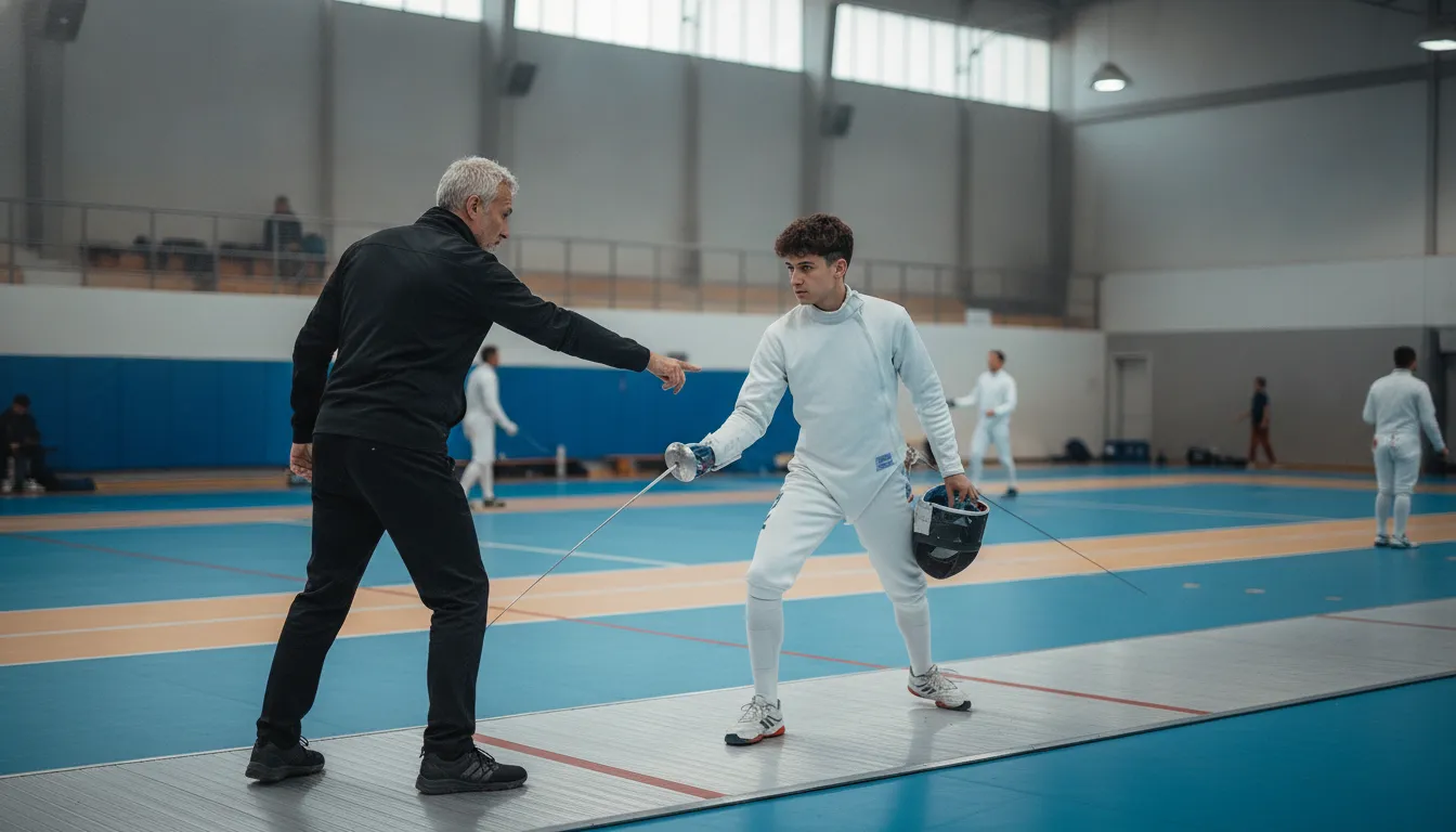 Fencing coach guiding a youth athlete near Vienna VA