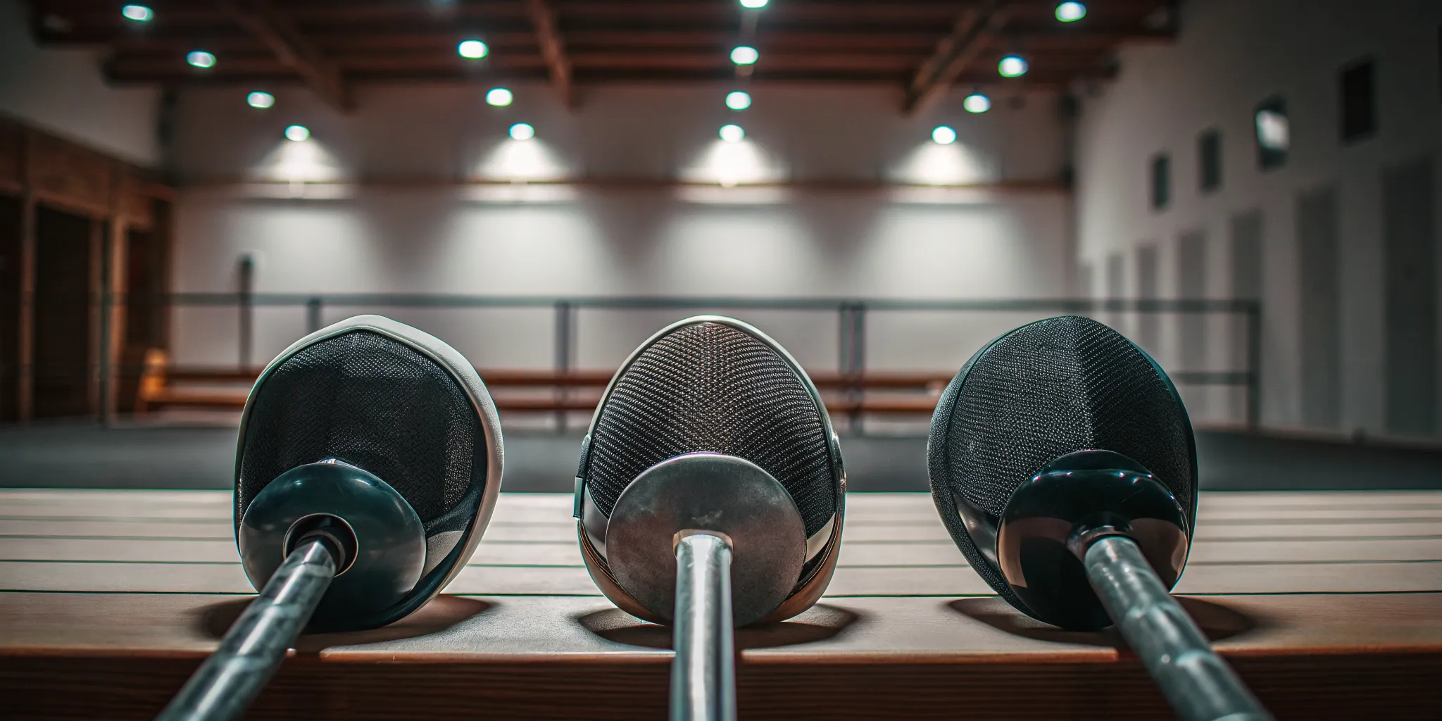 The three weapons of modern fencing: foil, epee, and sabre laid out on a table