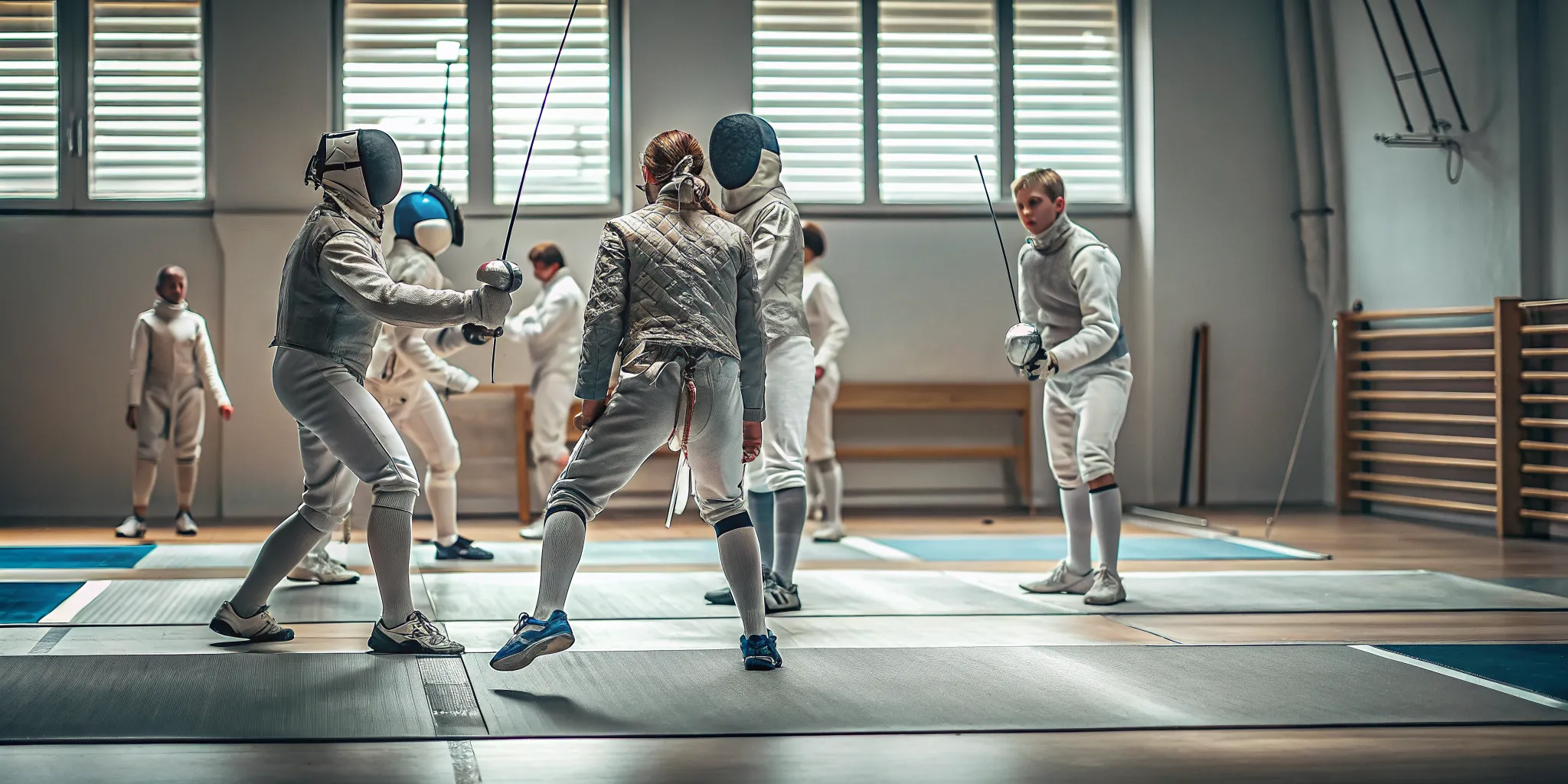 Youth fencers practicing drills with a coach at winter fencing camp