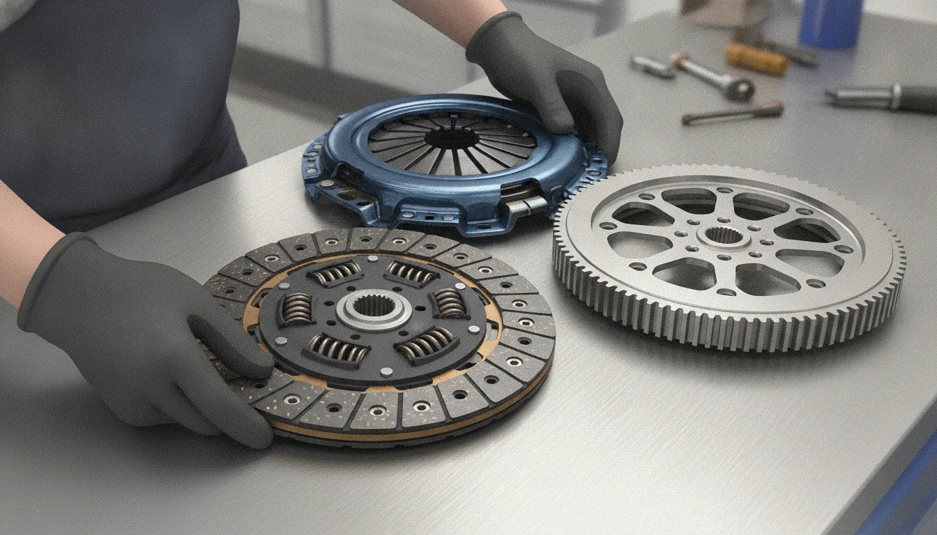 BRZ clutch pressure plate, friction disc, and flywheel prepared for installation