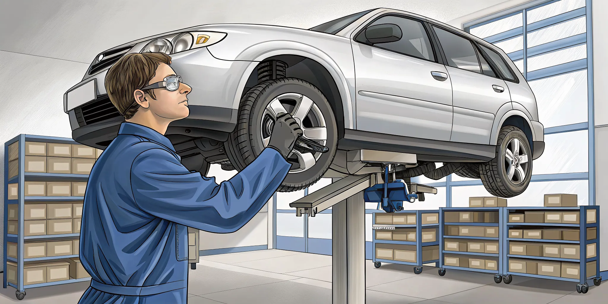 Technician inspecting a lifted Subaru CV axle boot and joint clearance