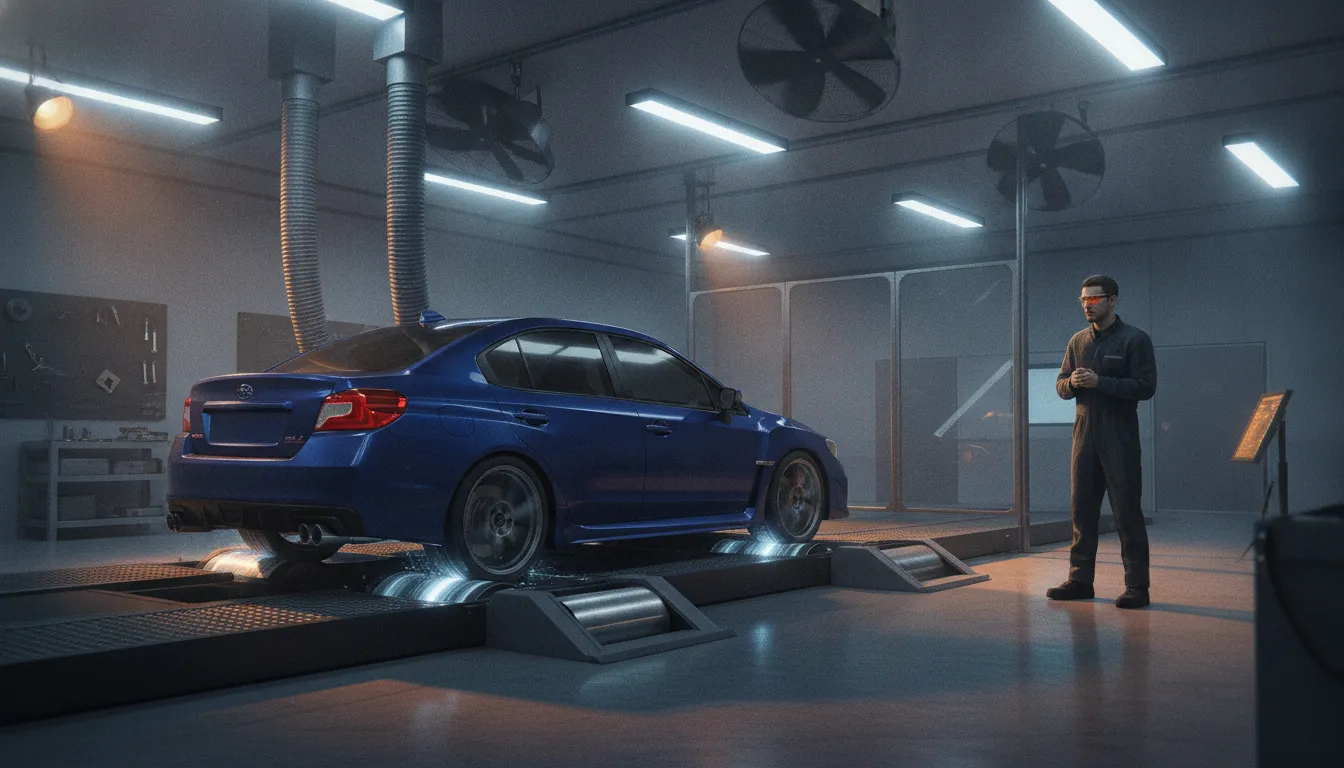 Subaru secured on synchronized AWD dyno rollers during a tuning session
