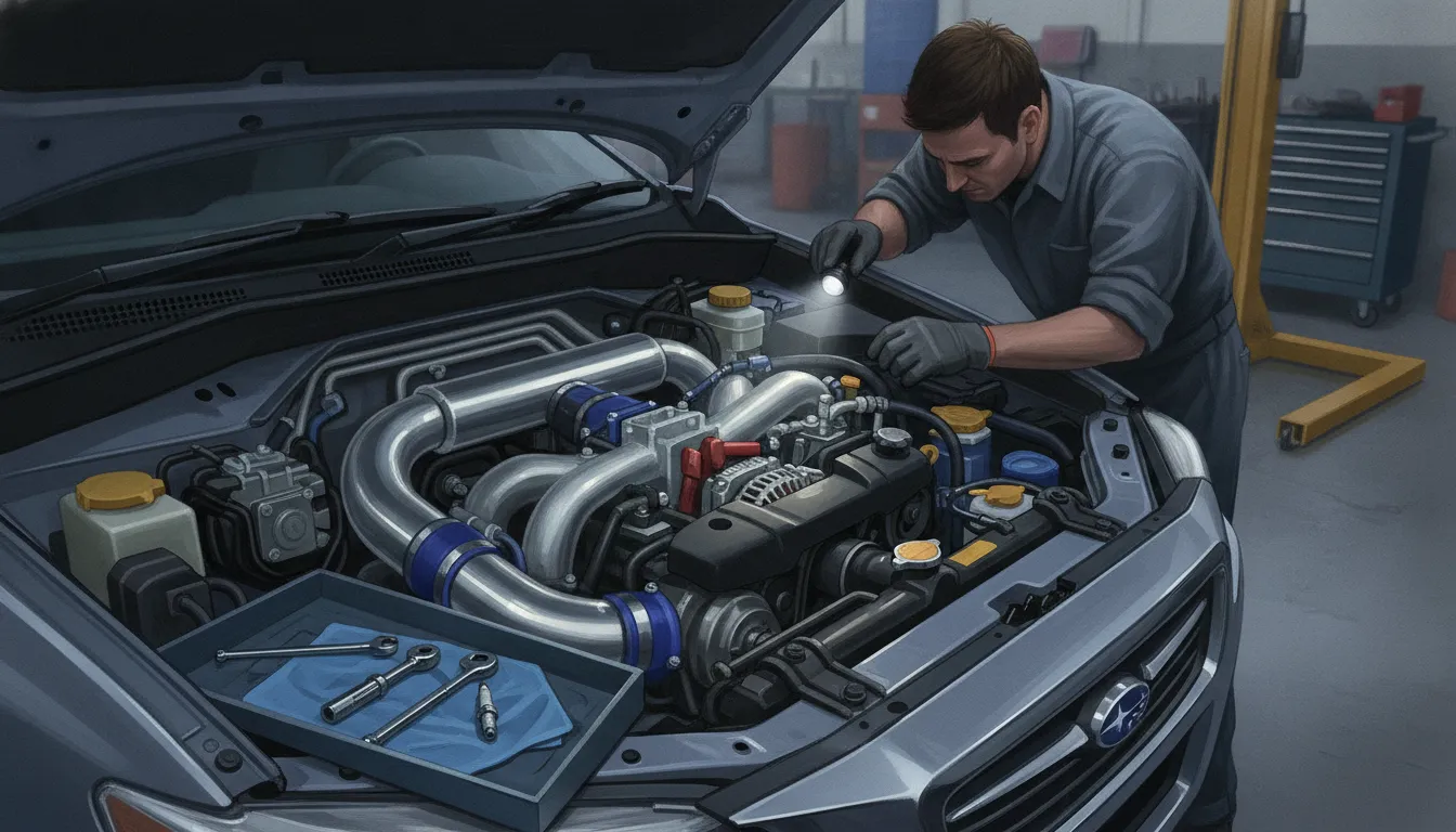 Technician checking a Subaru engine bay before dyno tuning