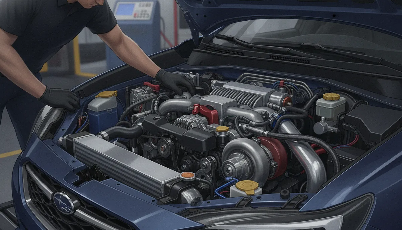 Technician checking a Subaru engine sensor during professional dyno calibration