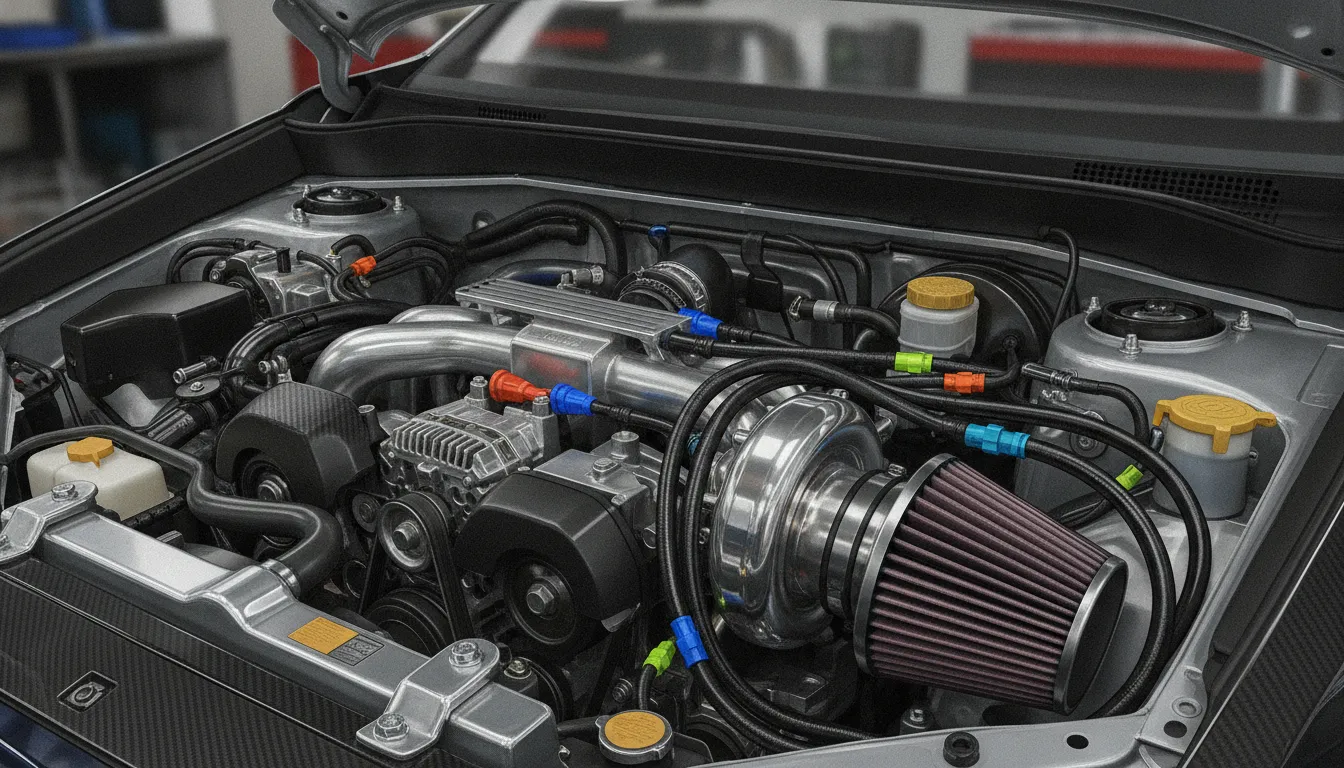 Subaru performance engine bay with neatly routed standalone ECU wiring and sensor connectors